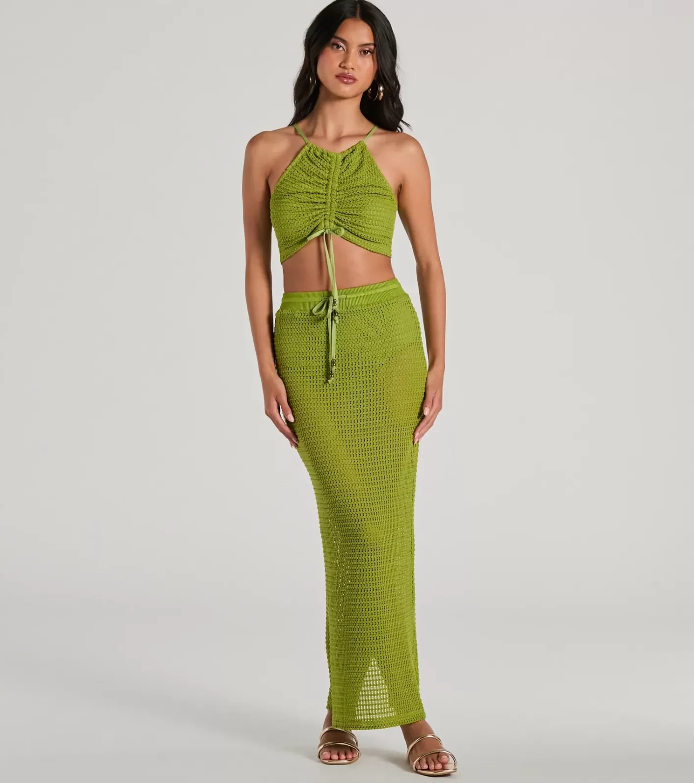 Windsor Sunny Chic High Slit Crochet Maxi Skirt GREEN Cheap