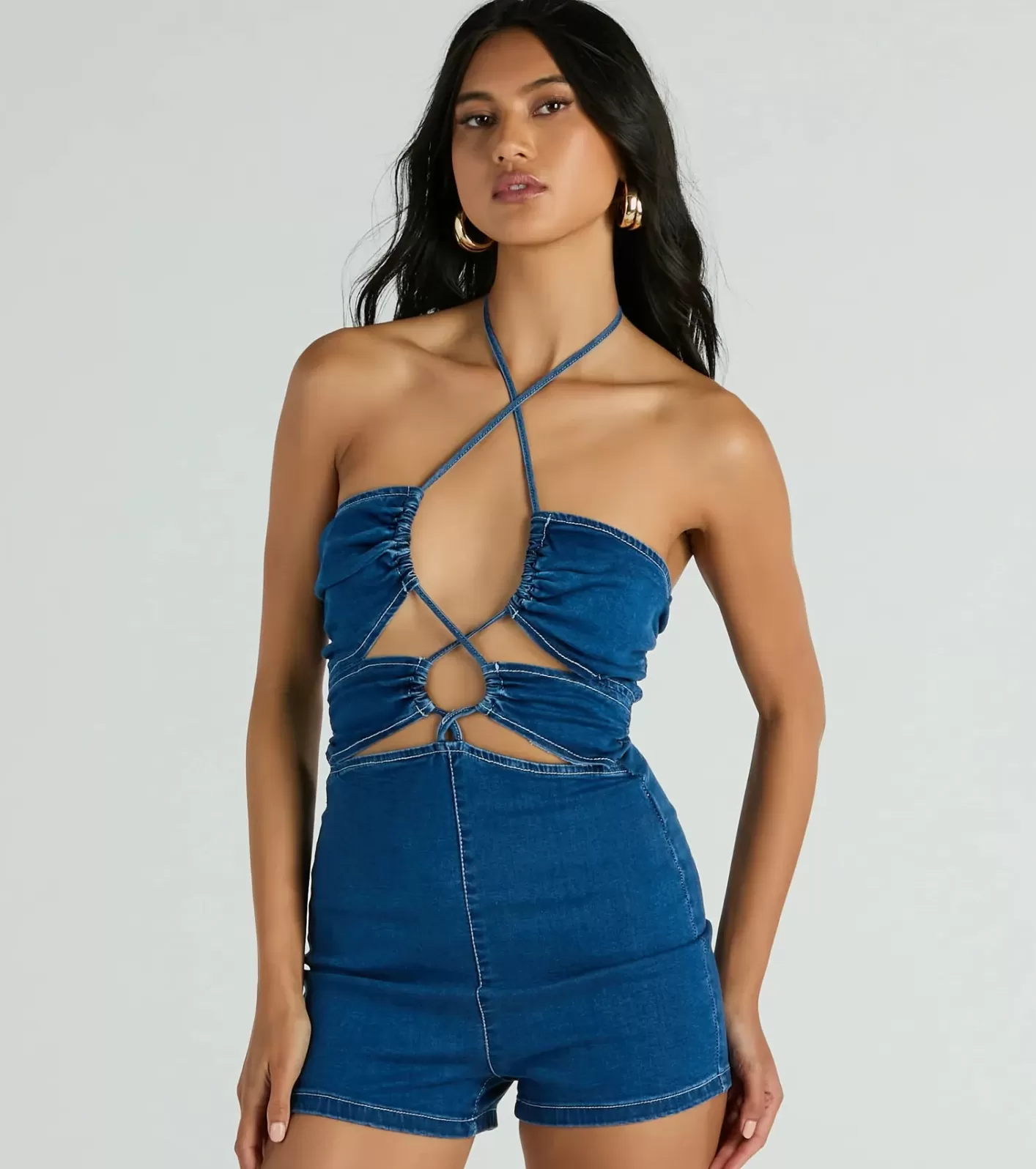 Windsor Sunny Season Halter Lace-Up Cutout Denim Romper MEDDENIM Cheap