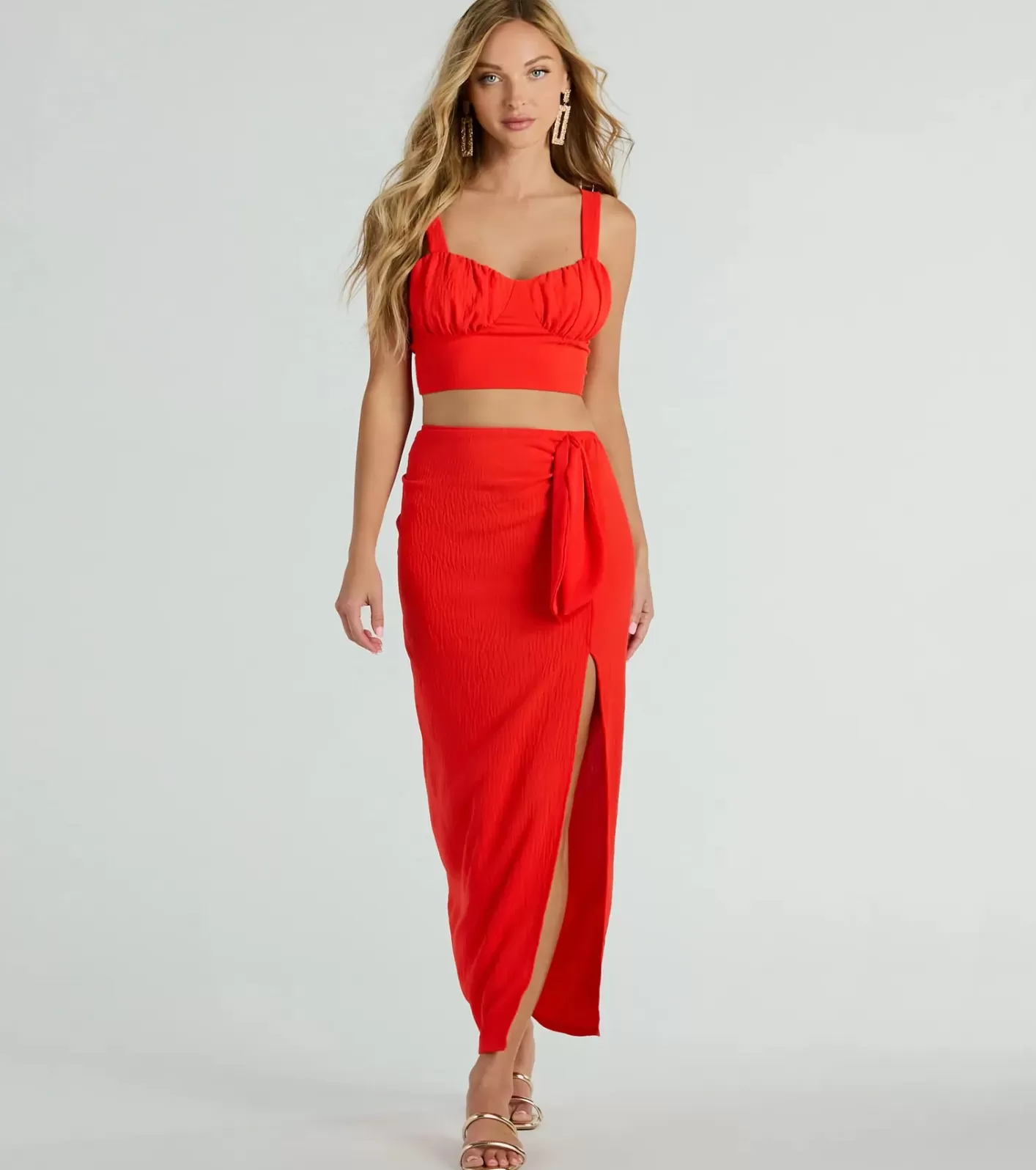 Windsor Sunny Vibes High Slit Woven Midi Skirt ORANGE Hot
