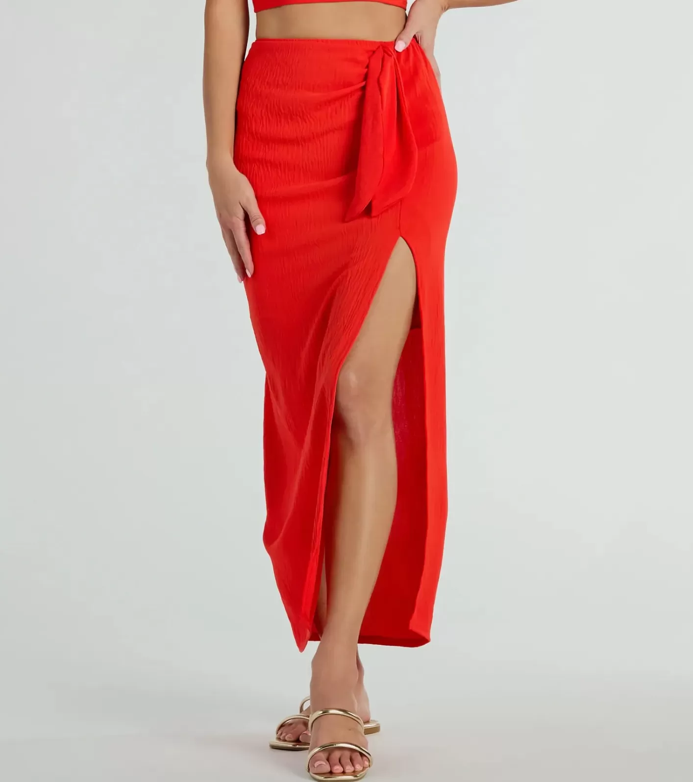 Windsor Sunny Vibes High Slit Woven Midi Skirt ORANGE Hot