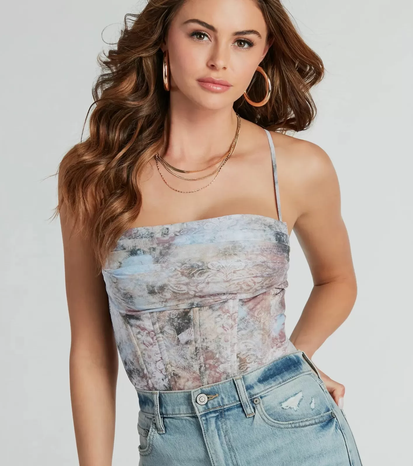 Windsor Sunset Dream Scroll Print Mesh Corset Top LIGHTBLUE Fashion
