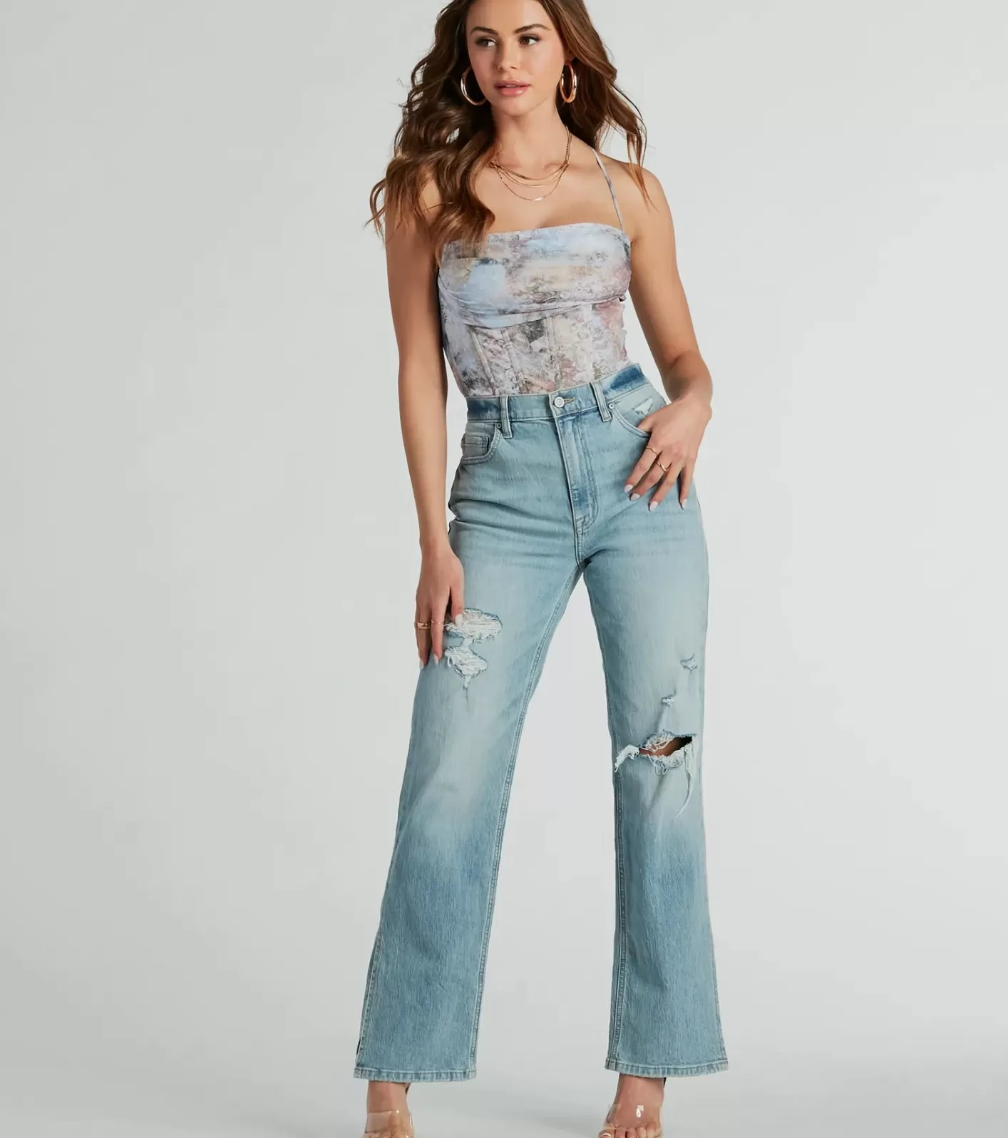 Windsor Sunset Dream Scroll Print Mesh Corset Top LIGHTBLUE Fashion