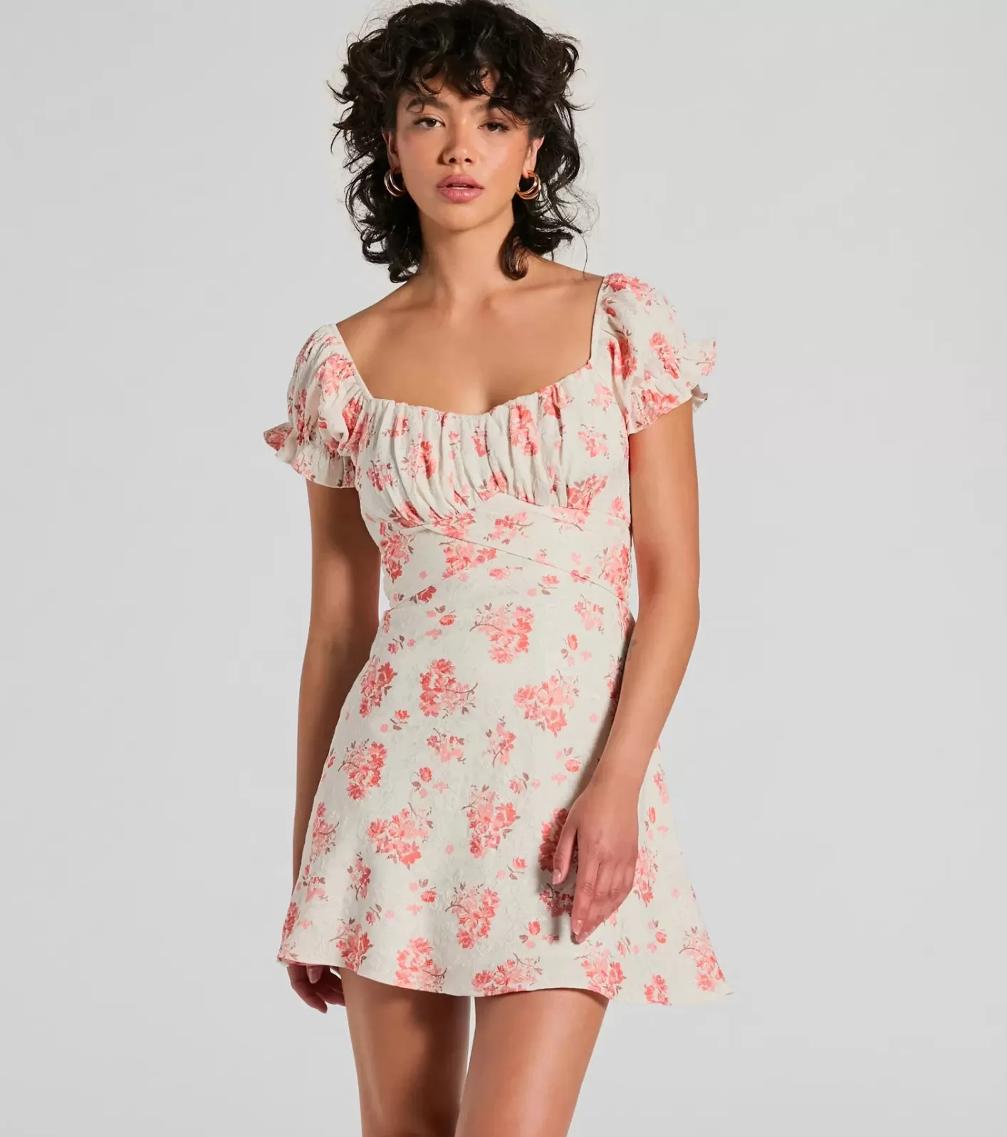 Windsor Sure To Adore Puff Sleeve A-Line Short Floral Dress IVORY Cheap