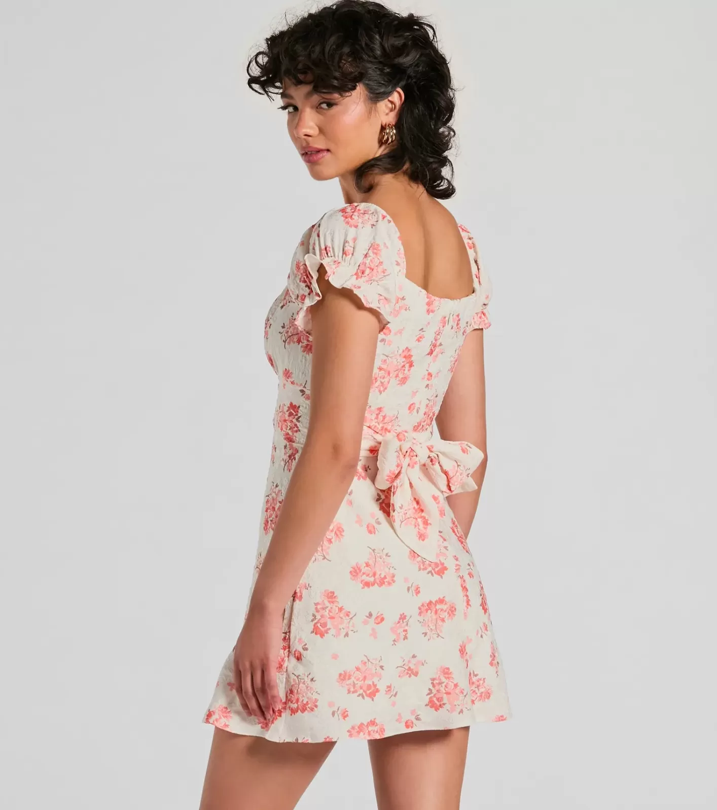 Windsor Sure To Adore Puff Sleeve A-Line Short Floral Dress IVORY Cheap