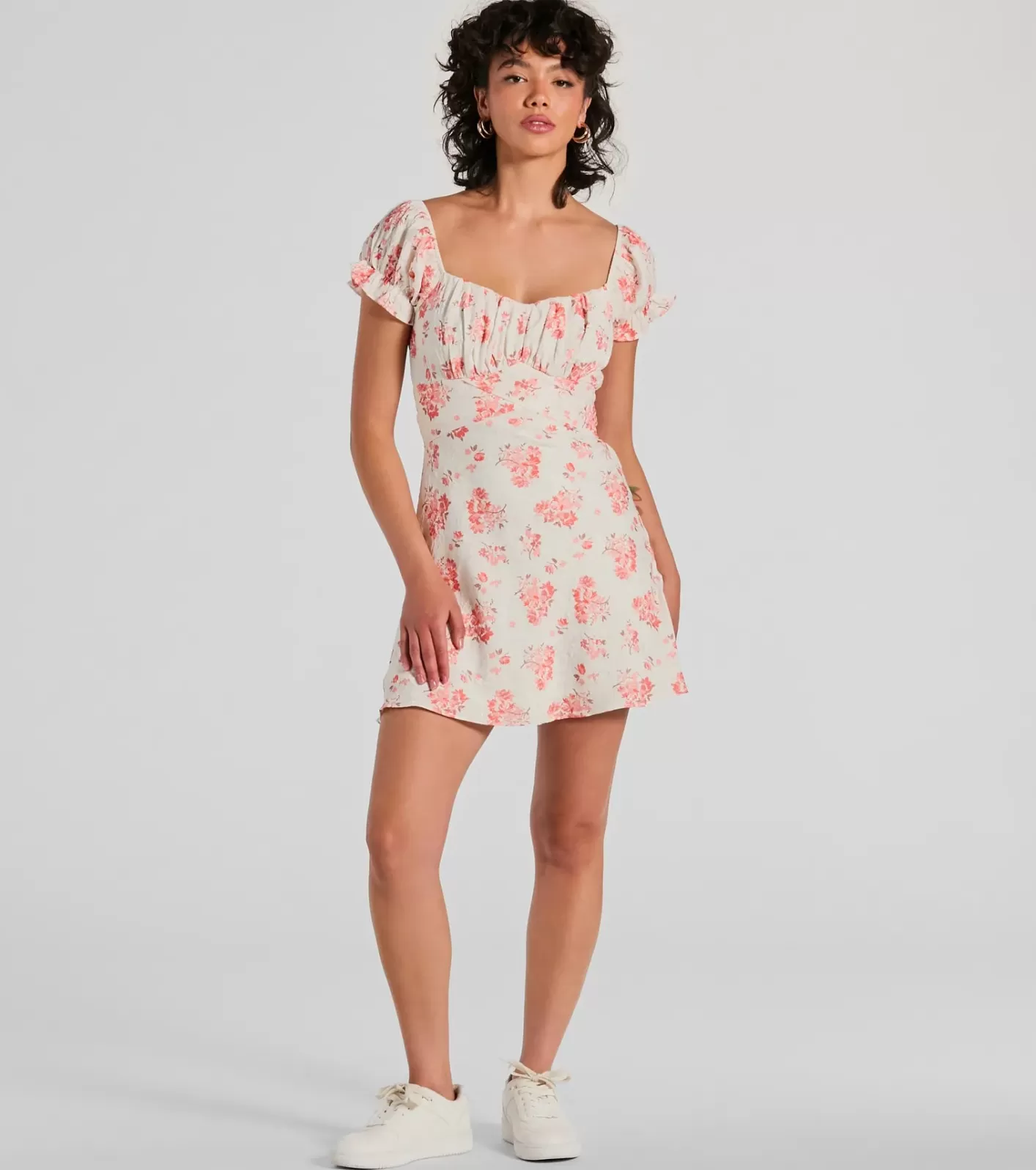 Windsor Sure To Adore Puff Sleeve A-Line Short Floral Dress IVORY Cheap