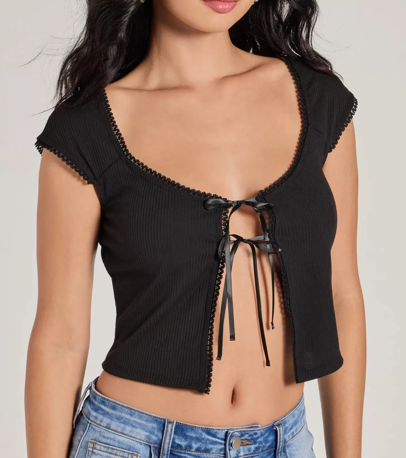Windsor Sweet As Can Be Cap Sleeve Tie Front Crop Top BLACK Cheap