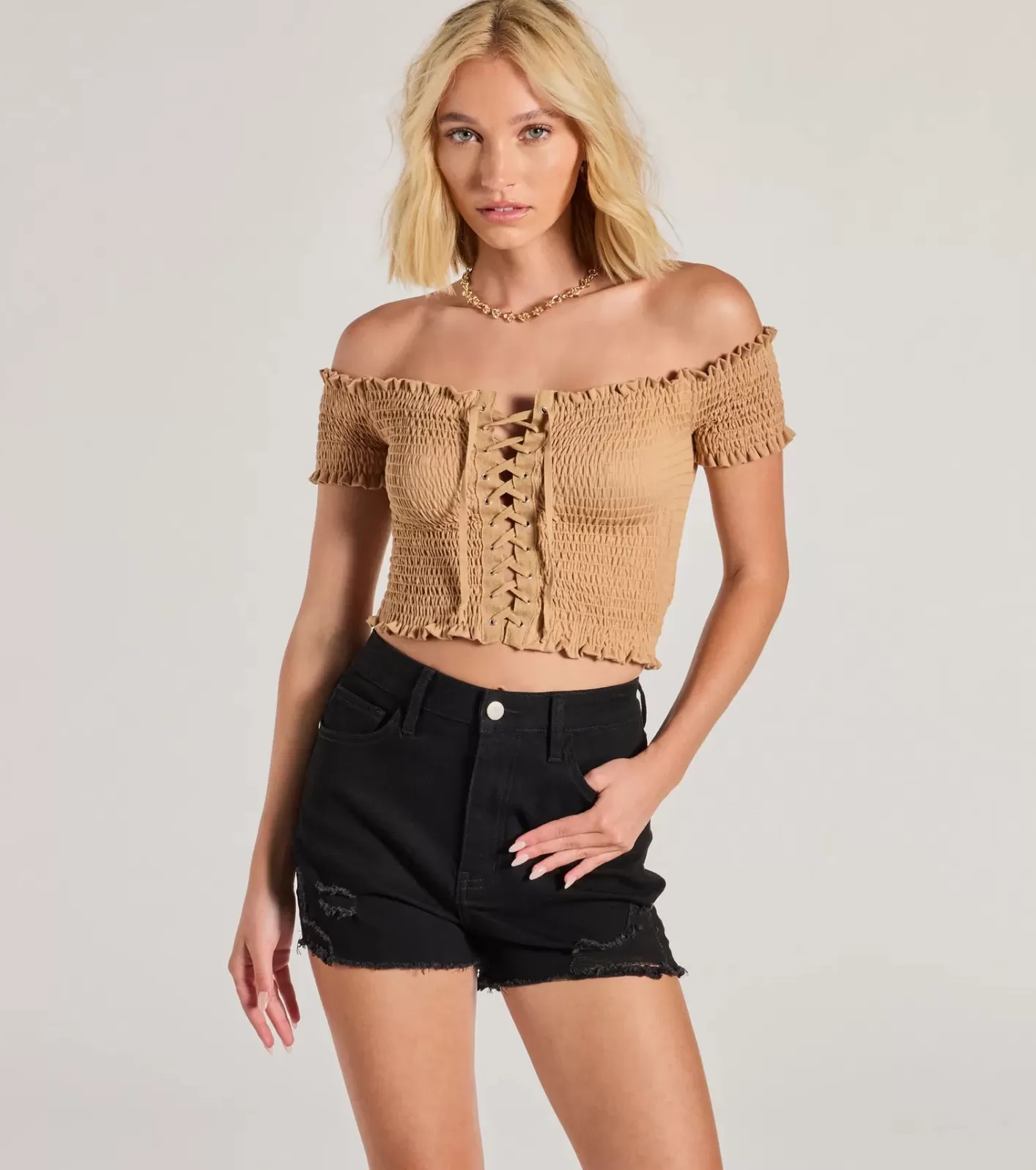 Windsor Sweet As You Off-The-Shoulder Lace-Up Crop Top MOCHA Store