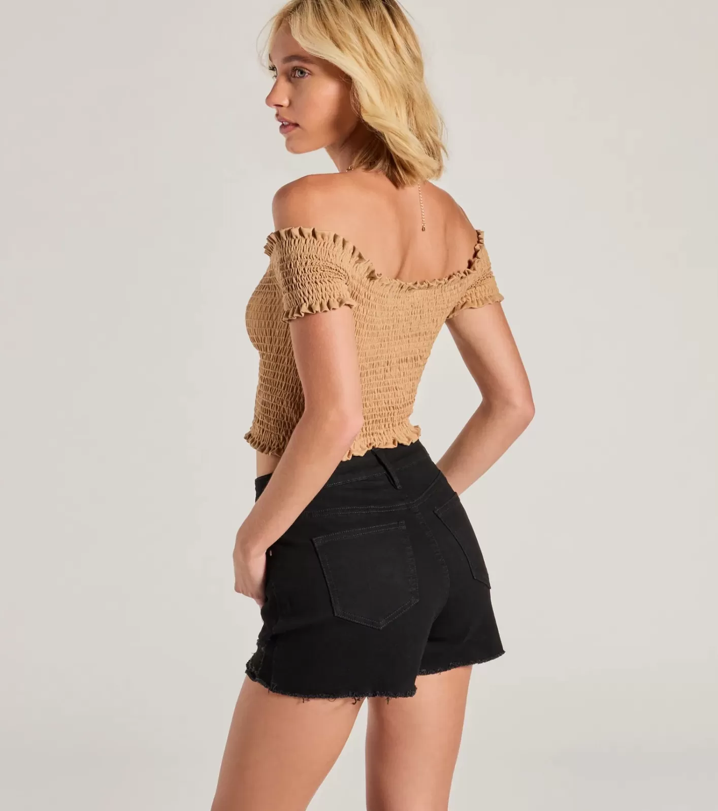 Windsor Sweet As You Off-The-Shoulder Lace-Up Crop Top MOCHA Store