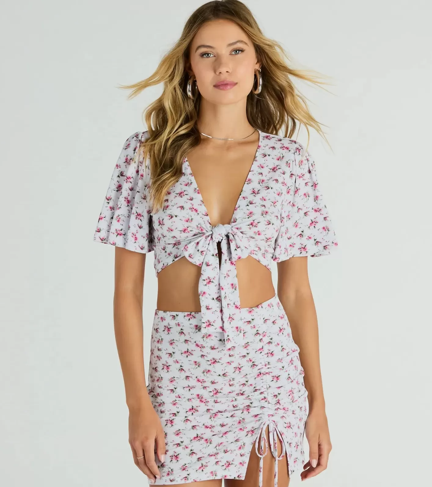 Windsor Sweet Flirt Flutter-Sleeve Ditsy Floral Tie-Front Top IVORY Online
