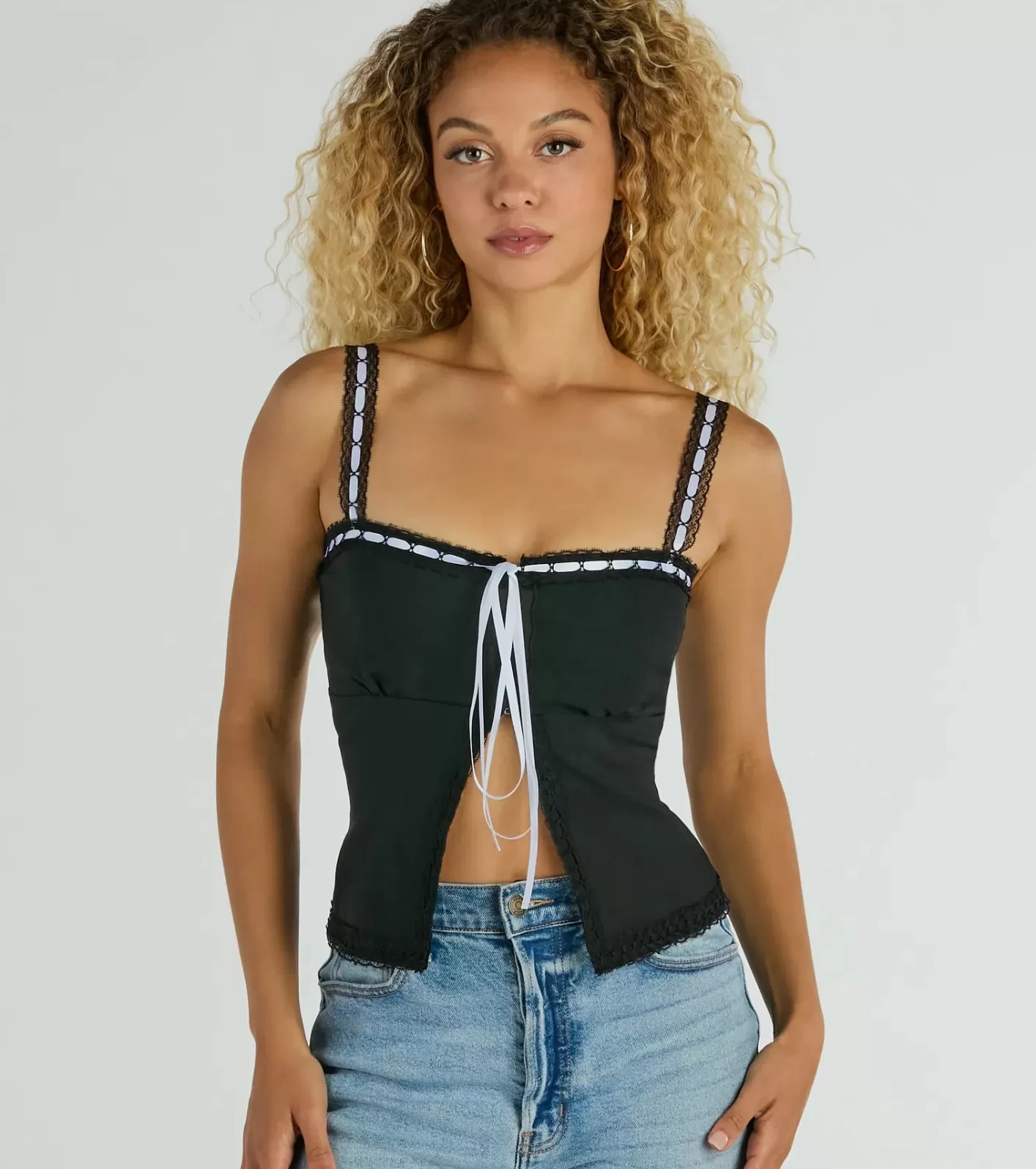 Windsor Sweet Innocence Lace Trim Bow Crop Top BLACK Hot