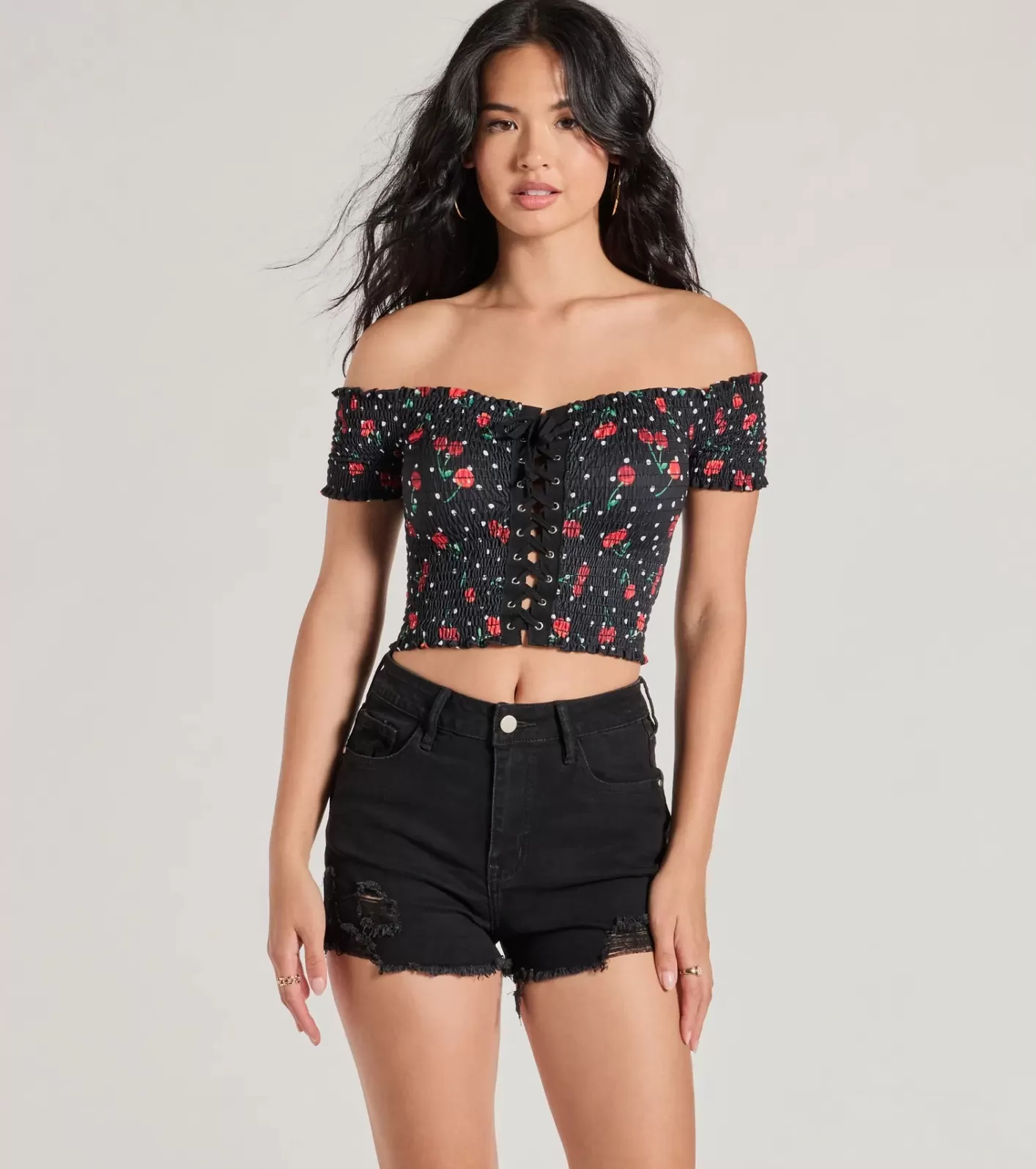 Windsor Sweet Like Cherries Lace-Up Off-The-Shoulder Top BLACK Hot