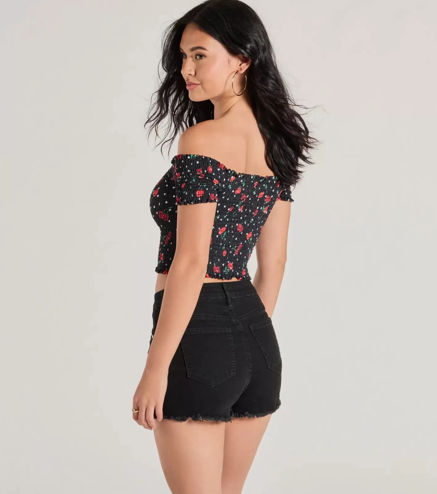 Windsor Sweet Like Cherries Lace-Up Off-The-Shoulder Top BLACK Hot