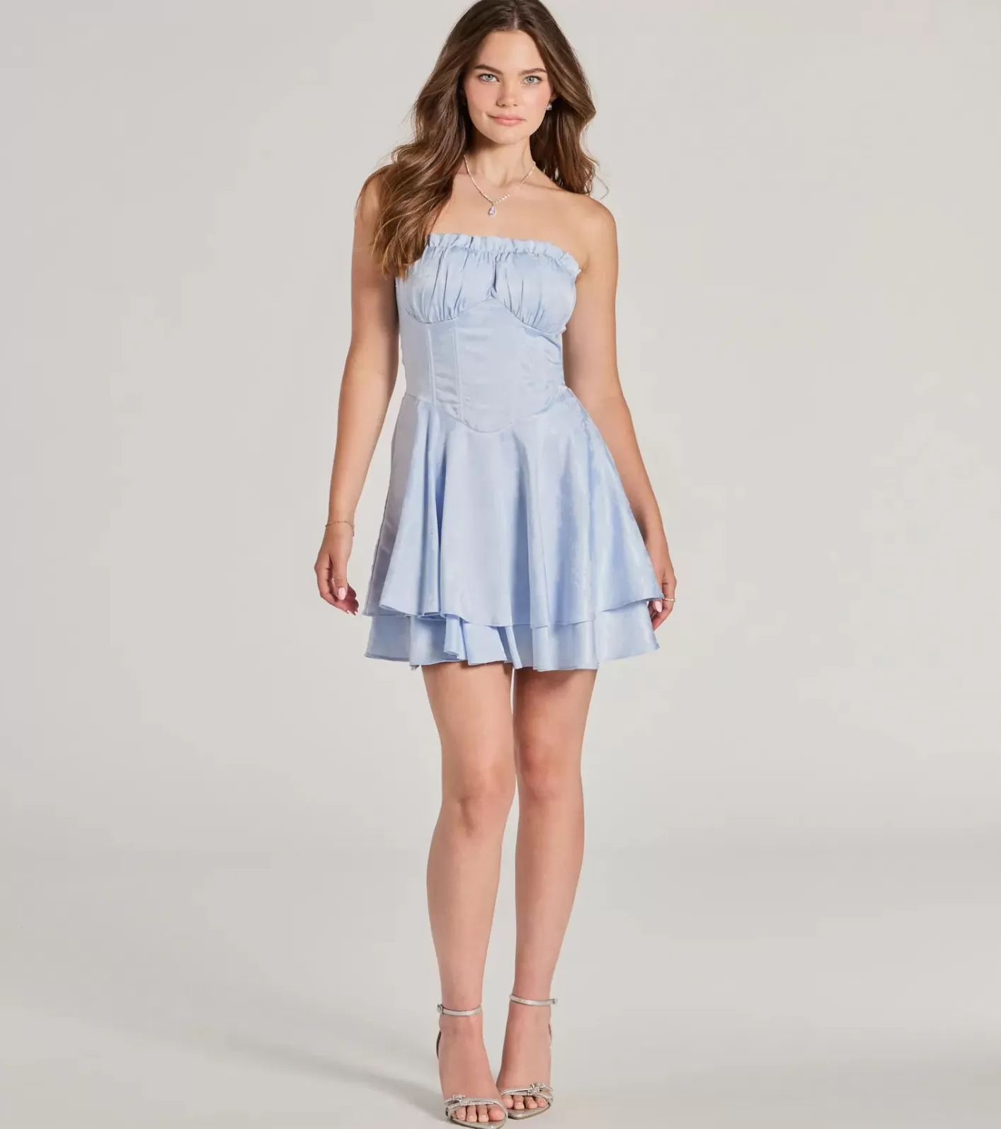 Windsor Sweet Status Floral Satin Corset Skater Dress LIGHTBLUE Clearance
