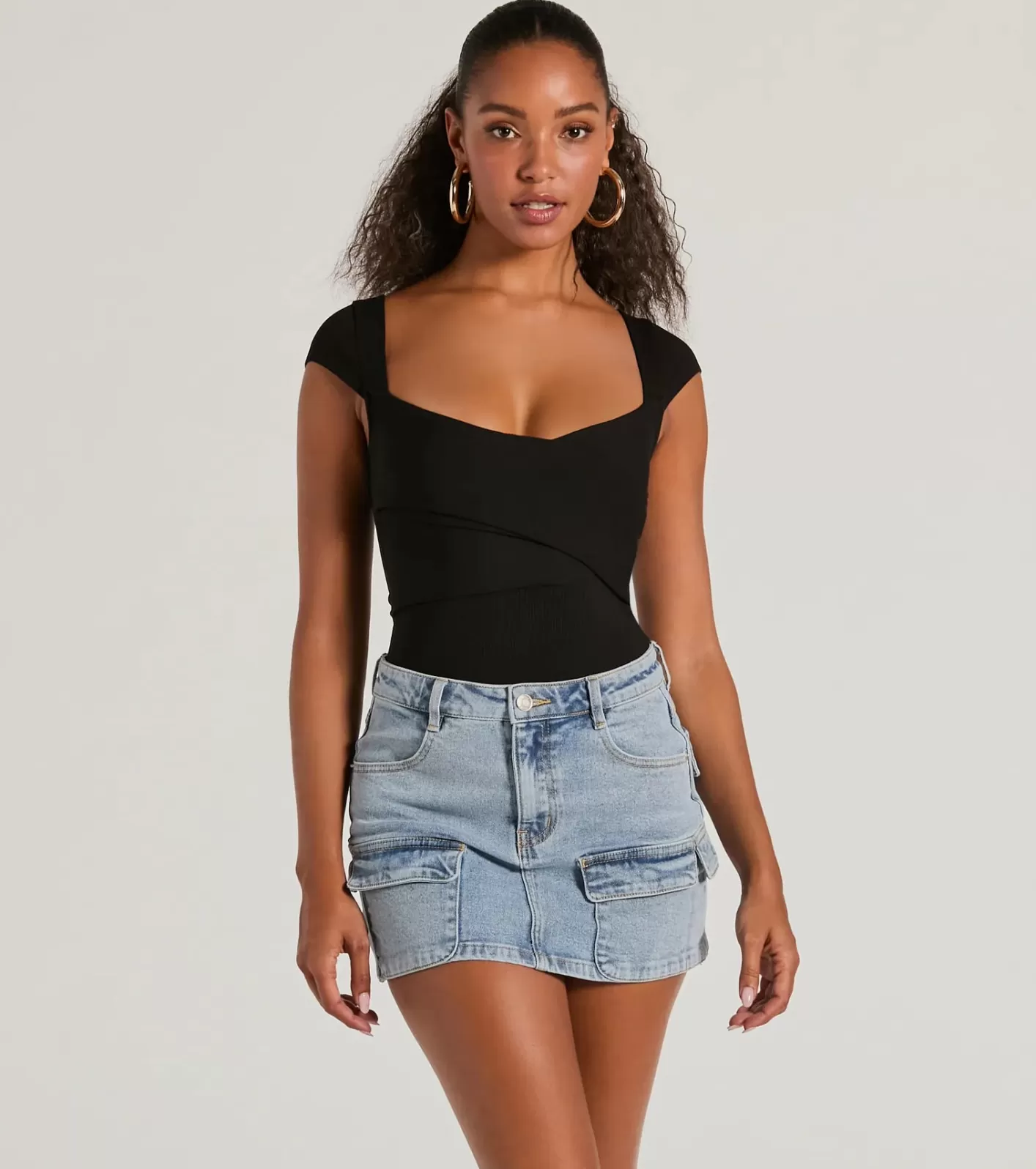 Windsor Sweet Traits Cap Sleeve Crisscross Rib Knit Bodysuit BLACK Online