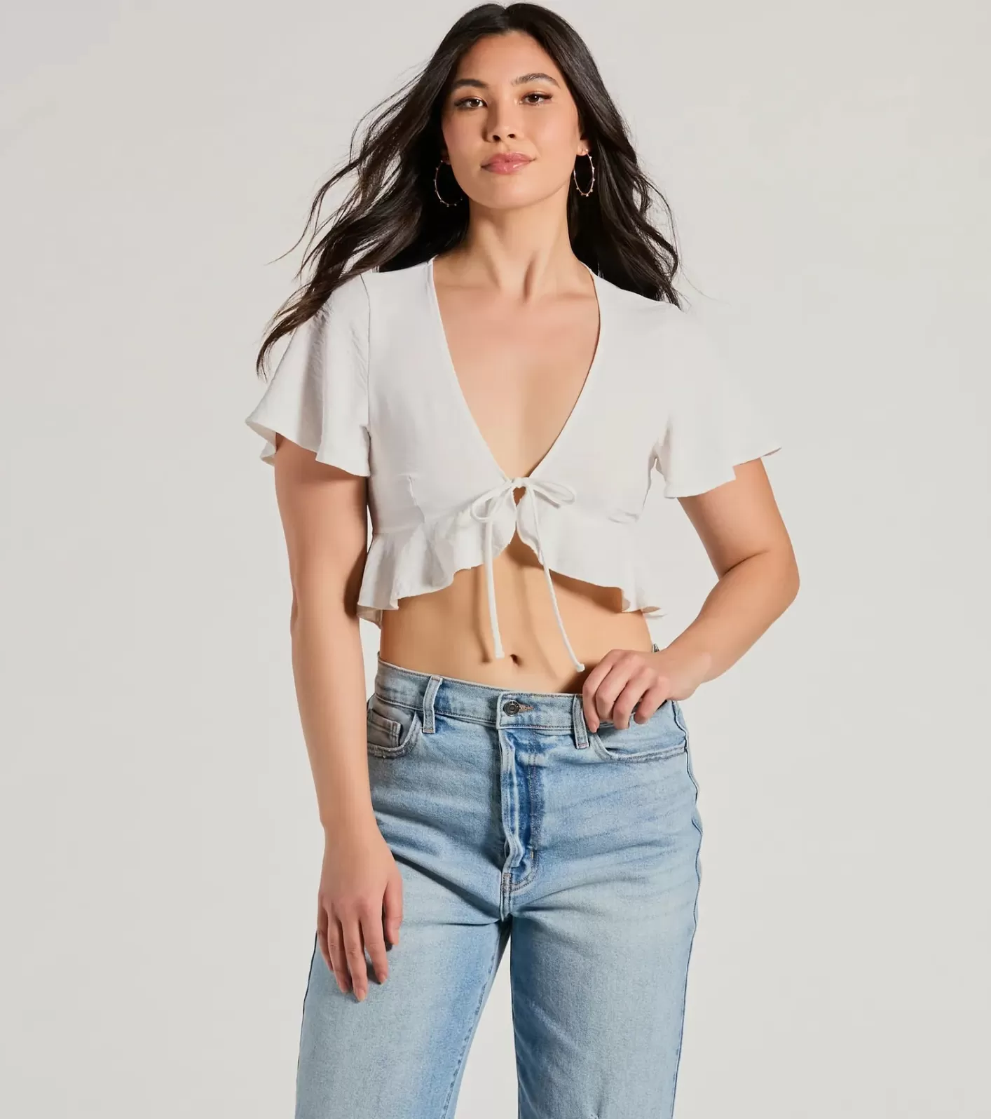 Windsor Sweeten Me Up Flutter Sleeve Tie Front Crop Top IVORY Cheap