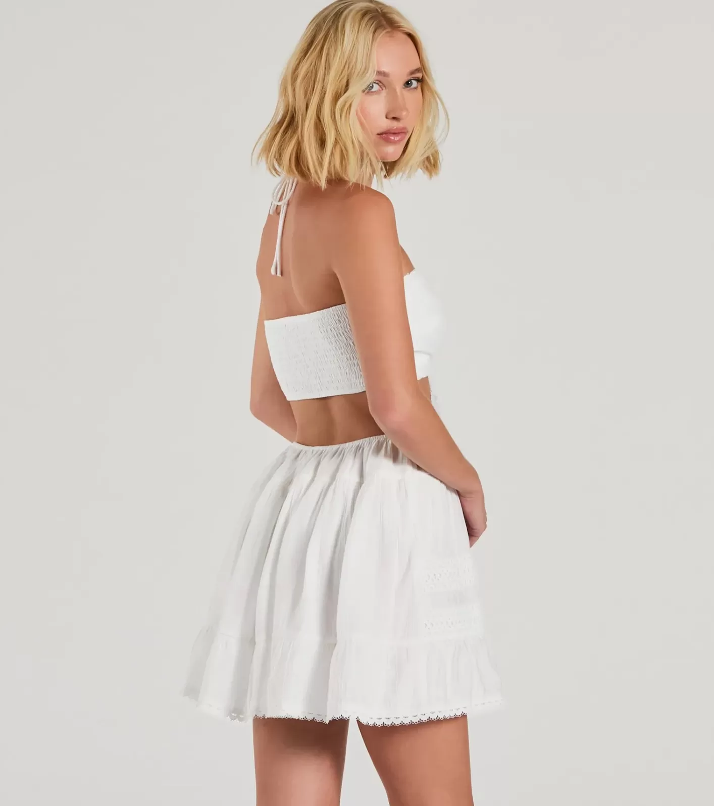 Windsor Sweetie Status Halter Crochet Trim Babydoll Dress WHITE Discount