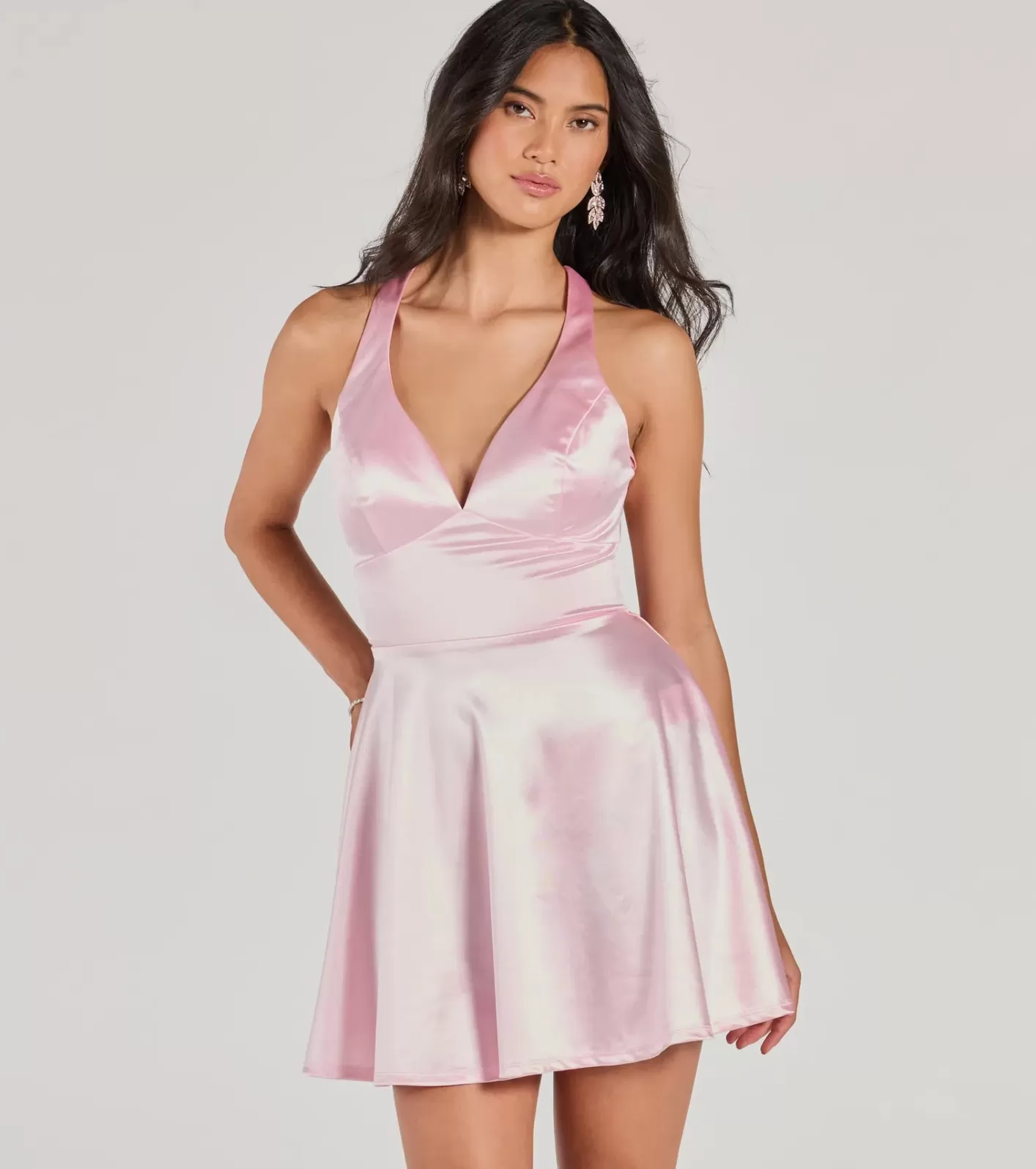 Windsor Taylor Lace-Up Skater Satin Party Dress PINK Flash Sale