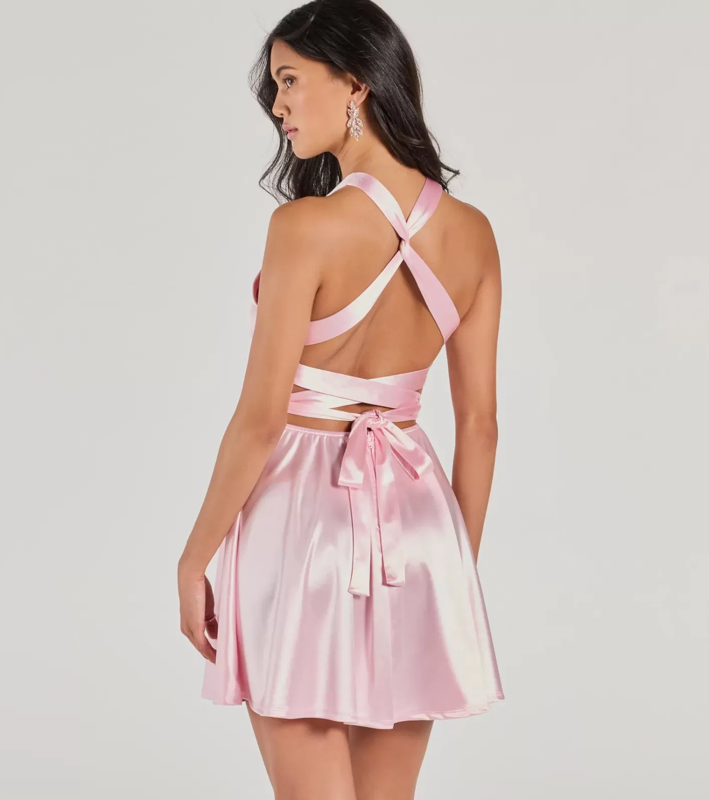 Windsor Taylor Lace-Up Skater Satin Party Dress PINK Flash Sale