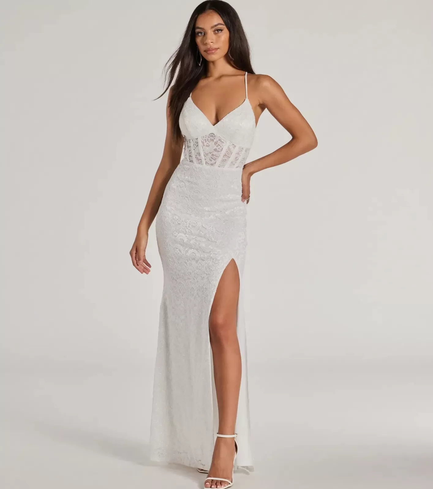 Windsor Teresa Lace Up Corset Mermaid Lace Formal Dress WHITE Clearance