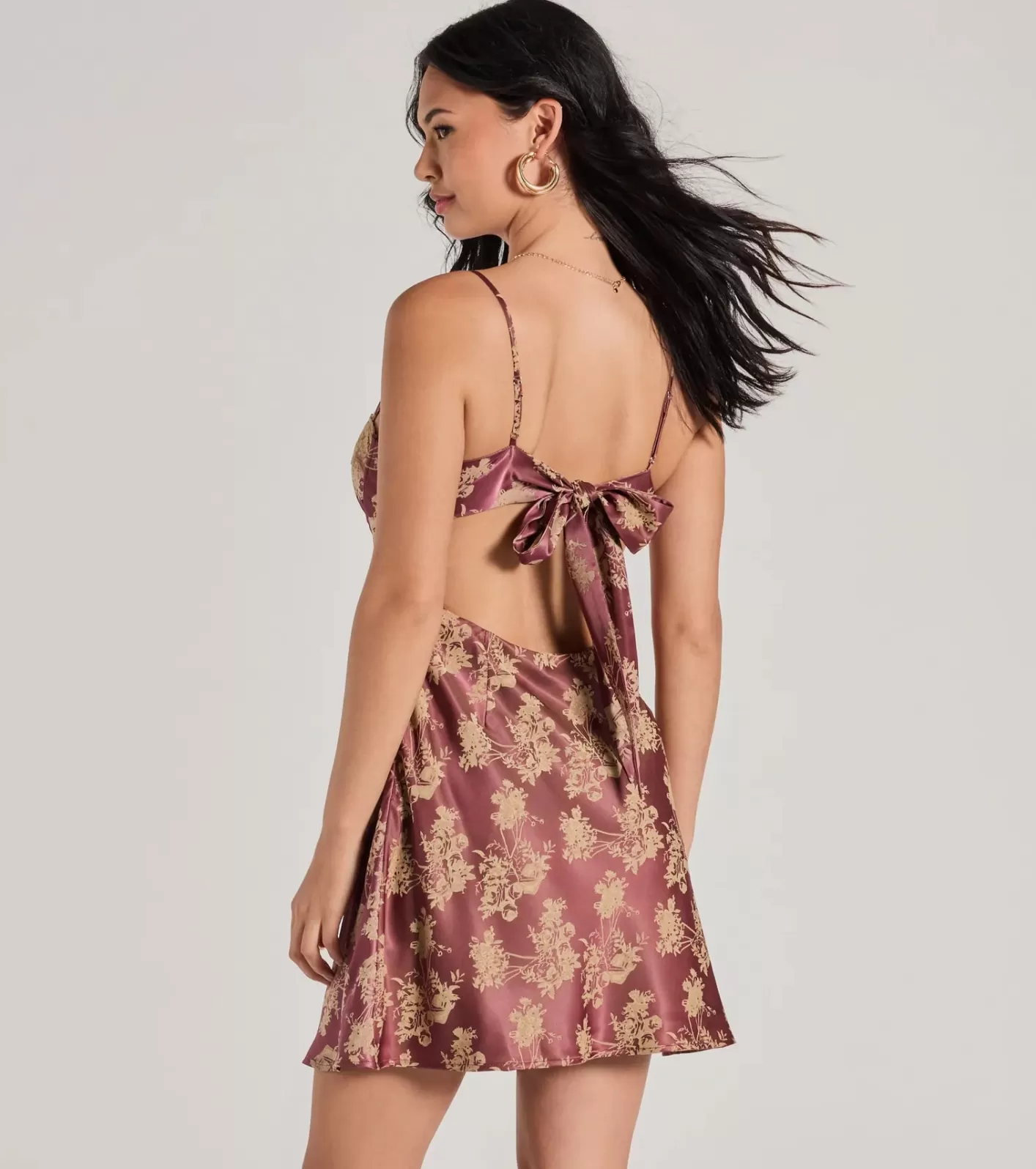 Windsor Tied To You Lace Trim A-Line Floral Satin Dress MAUVE Best
