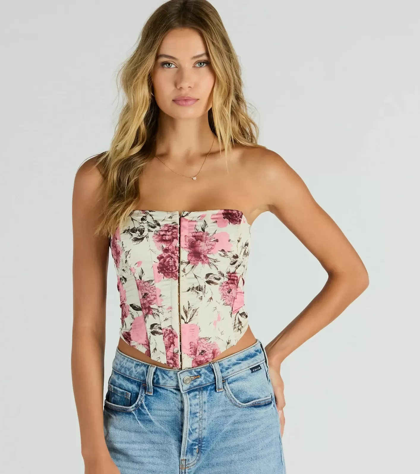 Windsor Time To Bloom Satin Floral Lace-Up Corset Top NATURAL Best