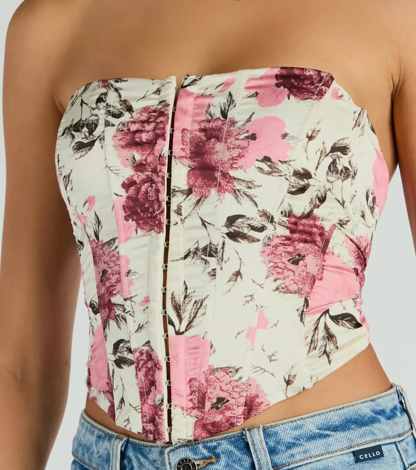 Windsor Time To Bloom Satin Floral Lace-Up Corset Top NATURAL Best