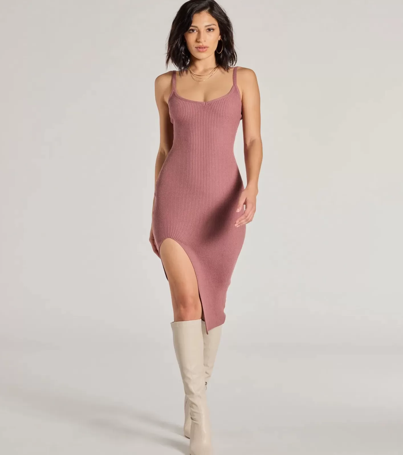 Windsor Toasty Sweetheart V-Neck Bodycon Knit Midi Dress MAUVE Outlet