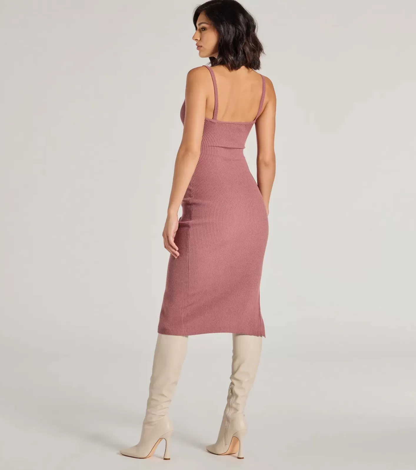 Windsor Toasty Sweetheart V-Neck Bodycon Knit Midi Dress MAUVE Outlet