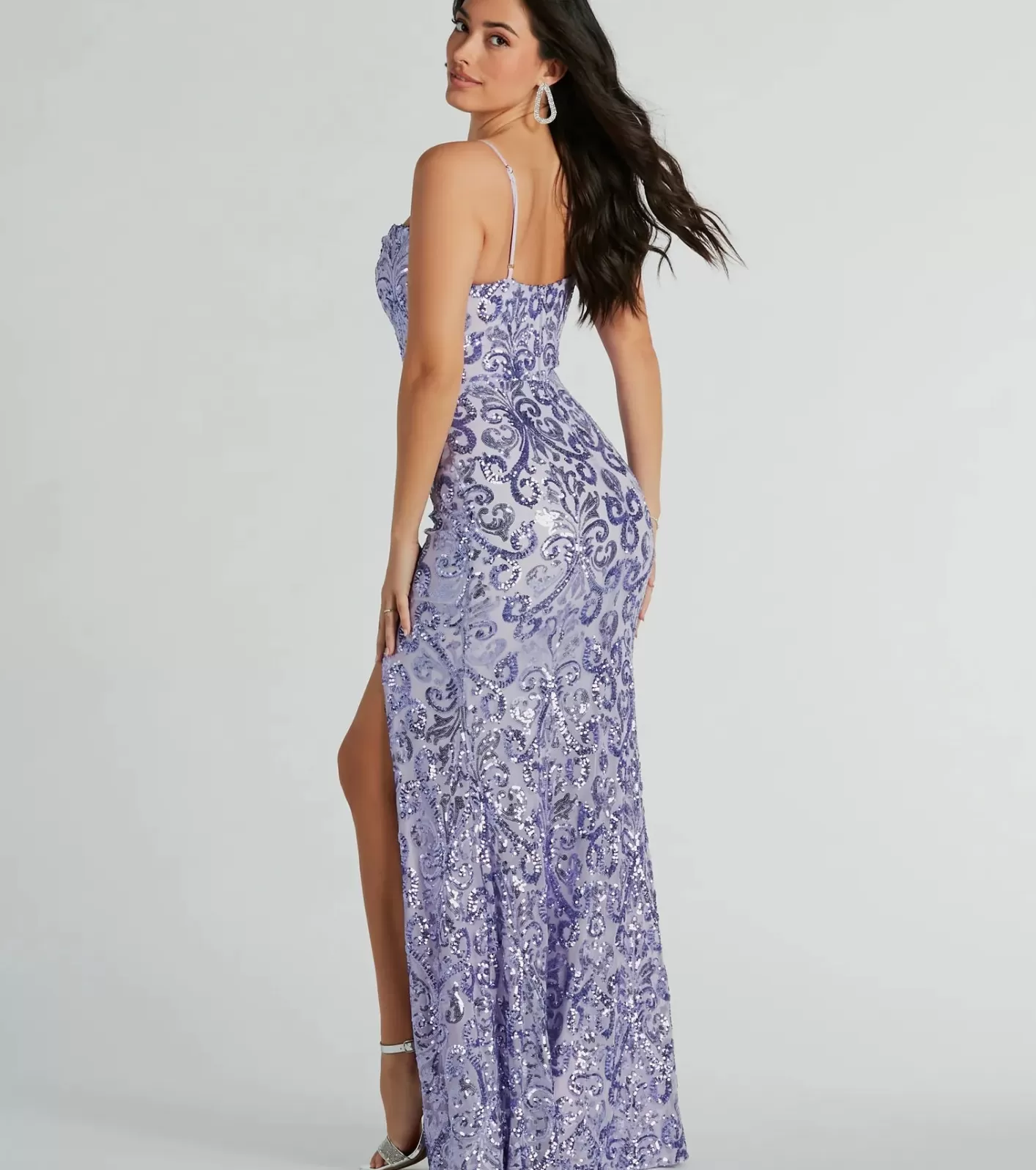 Windsor Tori Cowl Neck Mermaid Sequin Mesh Formal Dress PURPLE Store