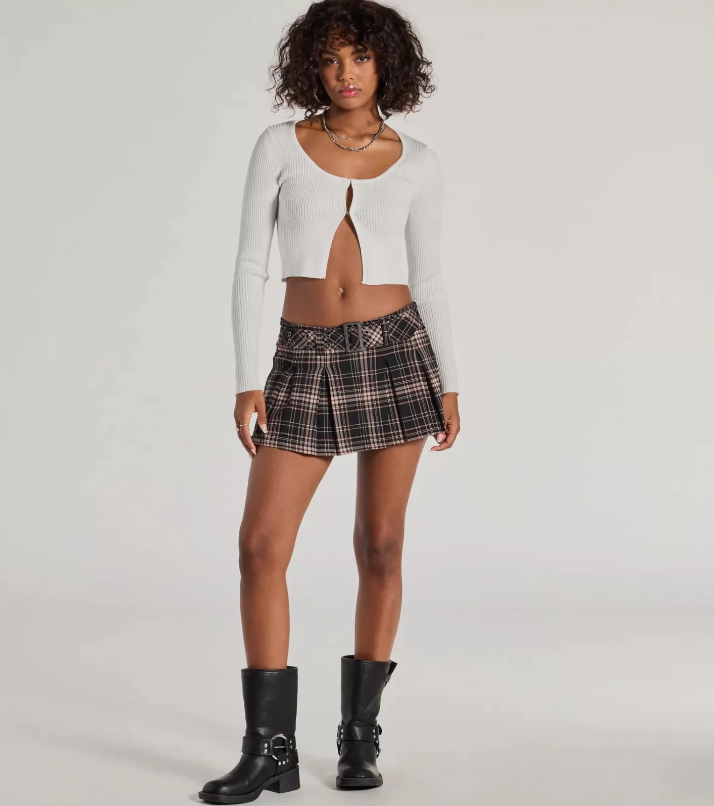 Windsor Totally Fab Belted Plaid Pleated Micro Skort BLACK Shop