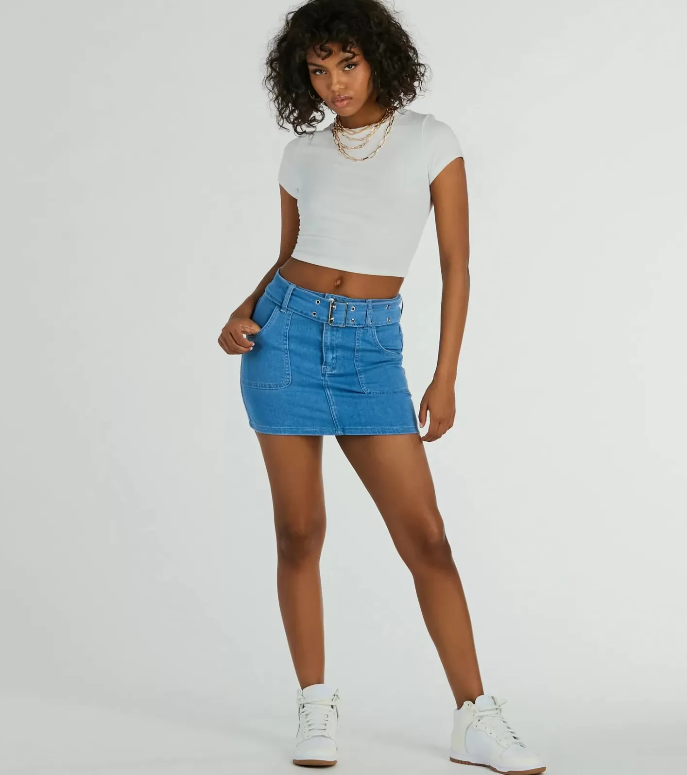 Windsor Trendsetting Look Belted Denim Mini Skirt MEDIUMDENIM Outlet