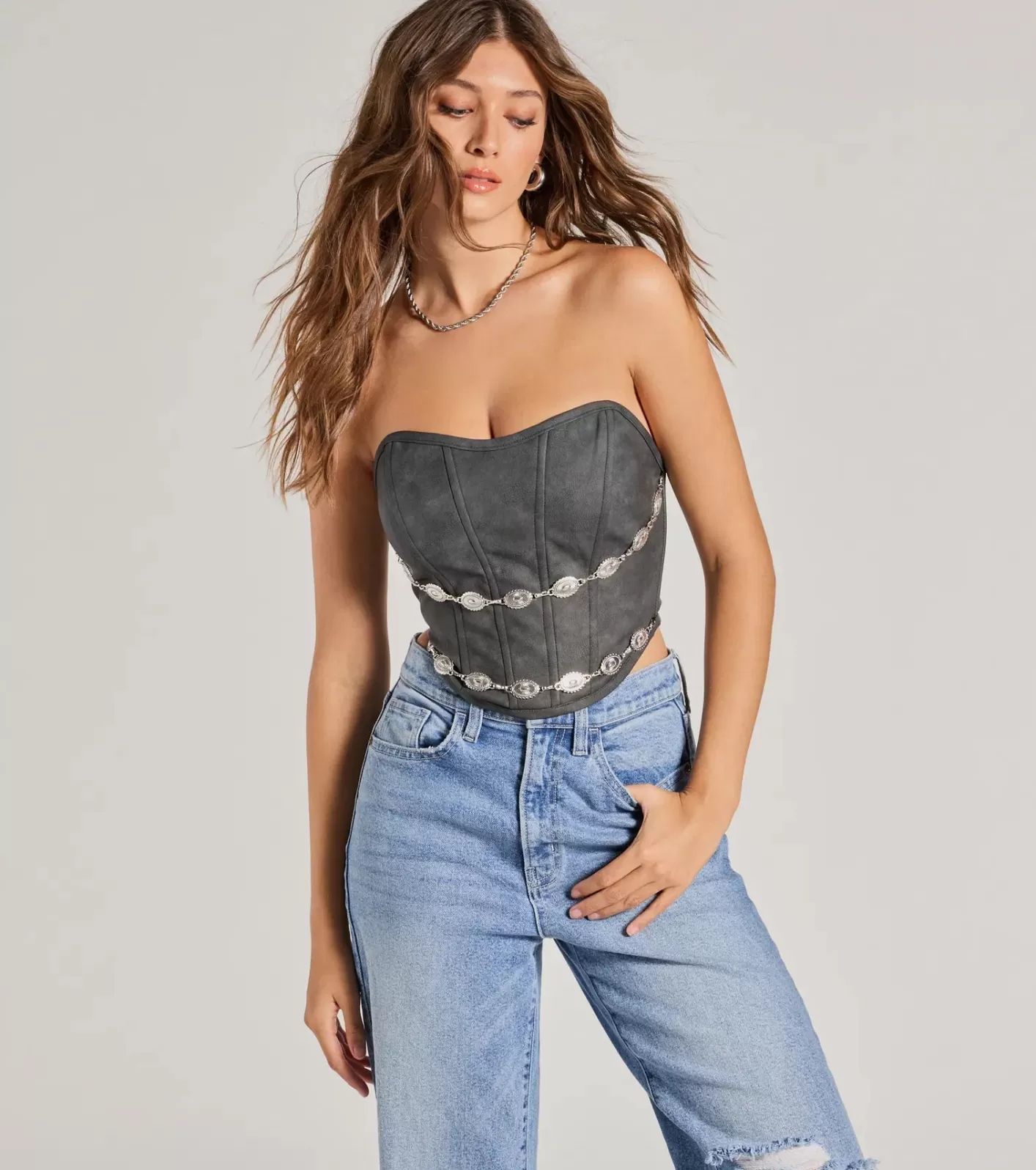 Windsor Trendy Chain Trim Faux Leather Corset Top BLACK Best
