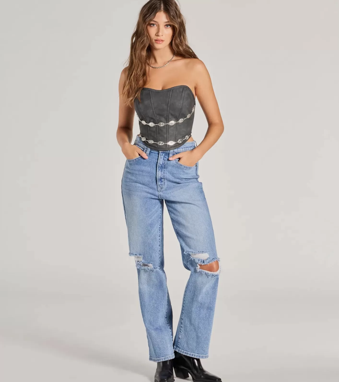 Windsor Trendy Chain Trim Faux Leather Corset Top BLACK Best