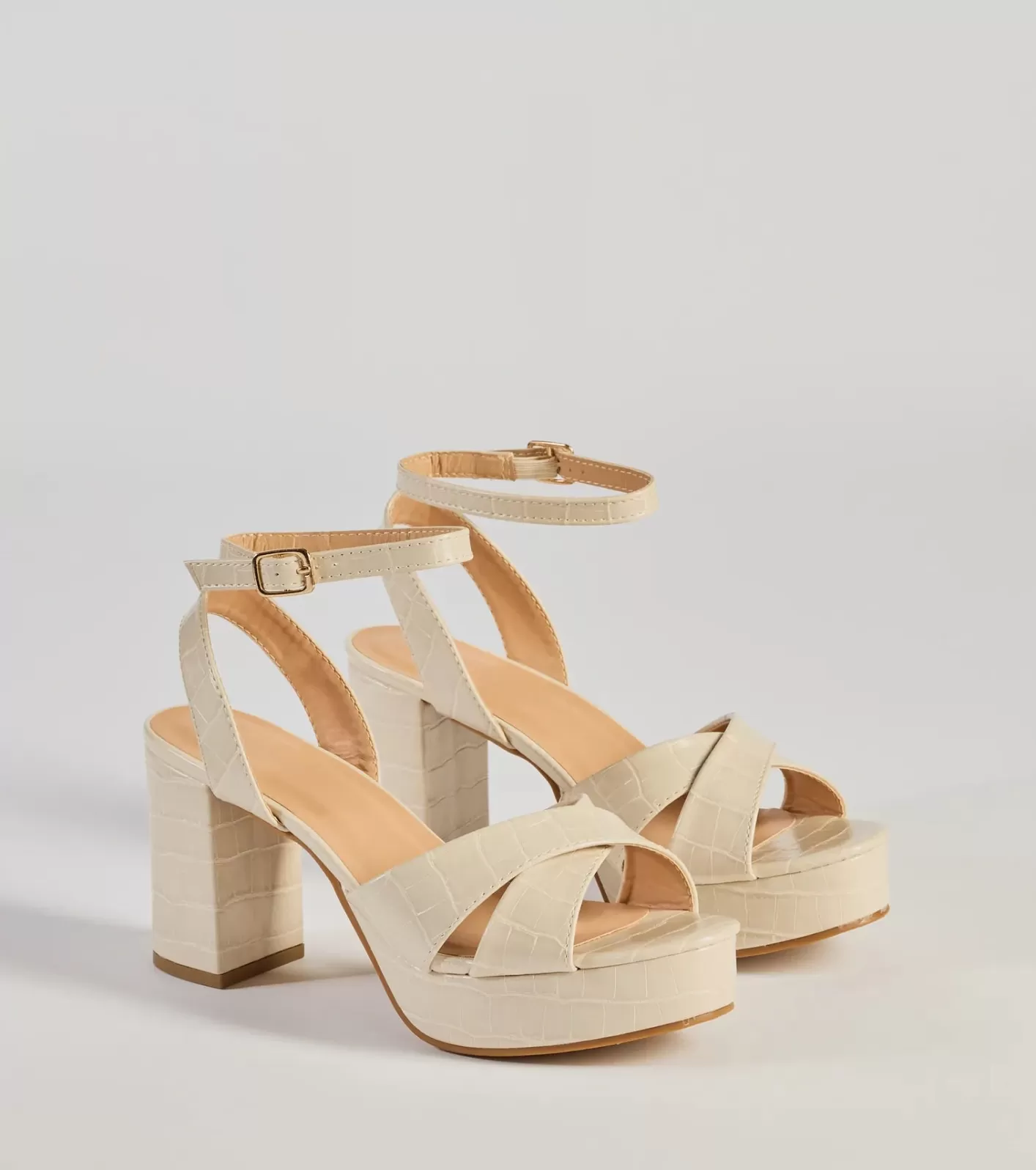 Windsor Trendy Moment Faux Croc-Embossed Criss-Cross Platform Heels IVORY Best Sale