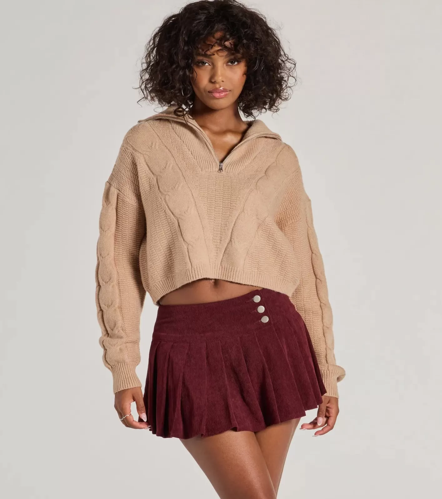 Windsor Trendy Status Corduroy Pleated Drop Waist Mini Skort WINE Outlet
