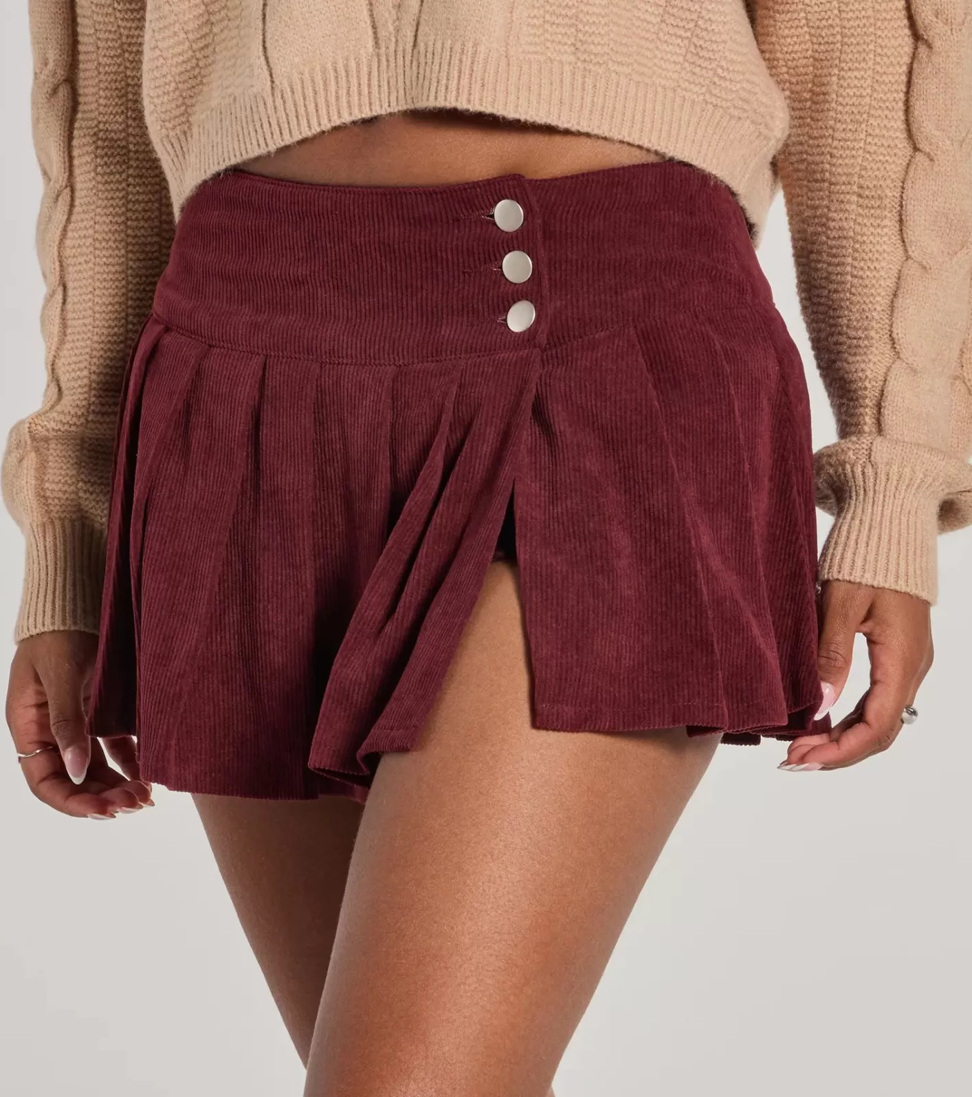 Windsor Trendy Status Corduroy Pleated Drop Waist Mini Skort WINE Outlet