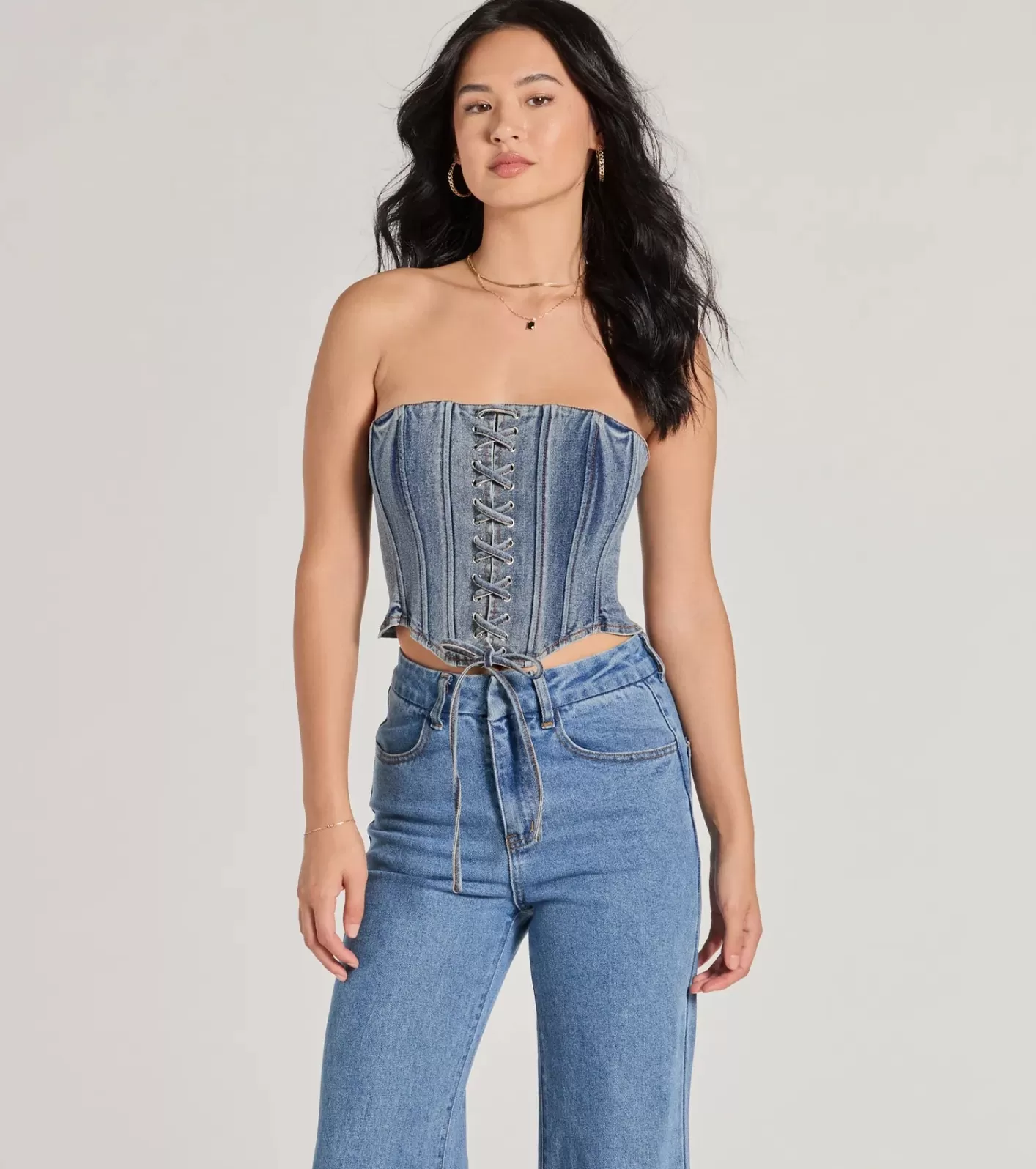 Windsor Trendy Style Lace-Up Denim Corset Top MEDIUMDENIM Fashion