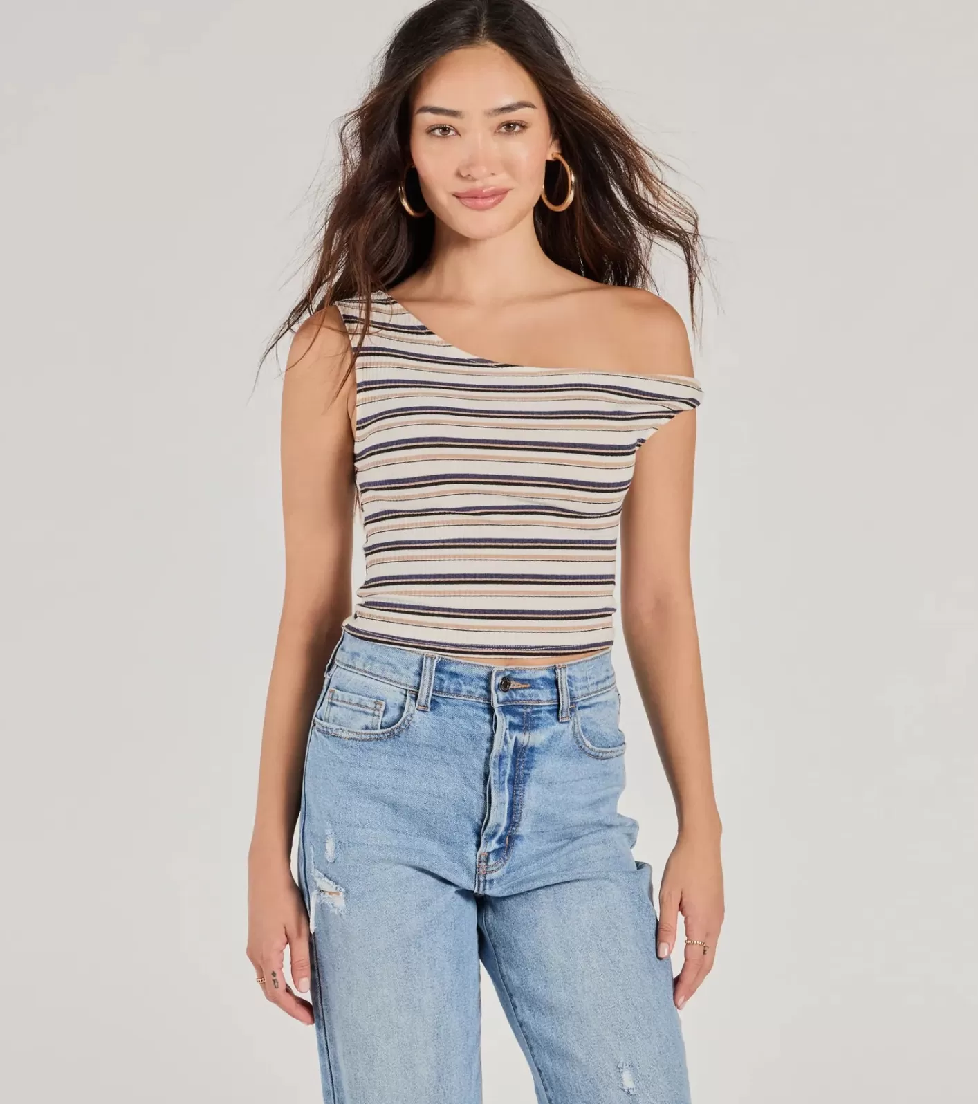 Windsor Trendy Twist One-Shoulder Striped Crop Top MULTI Cheap