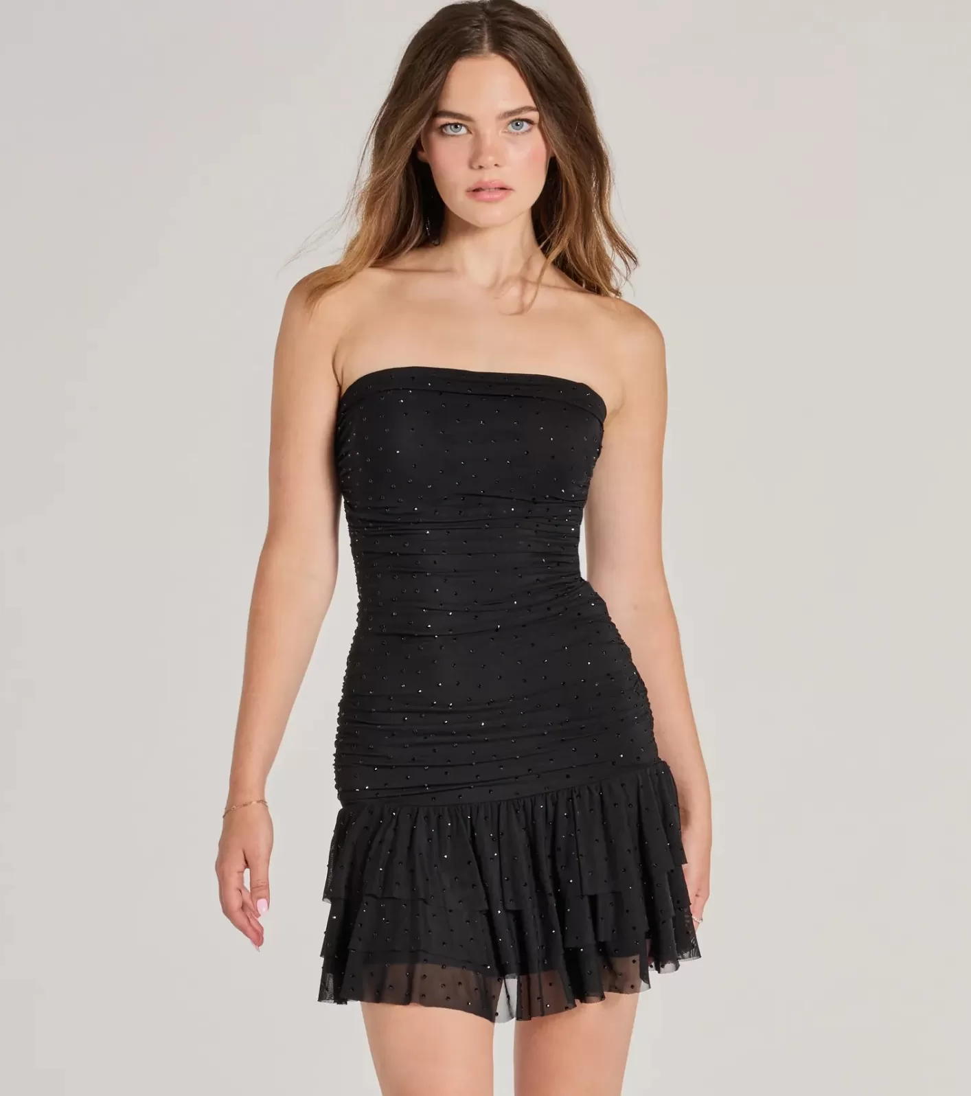 Windsor Trendy-Glam Rhinestone Mesh Drop Waist Mini Dress BLACK Cheap