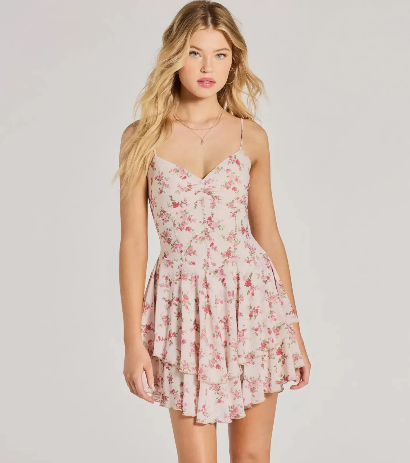 Windsor True Love In Floral V-Neck Corset Skater Dress NATURAL Shop