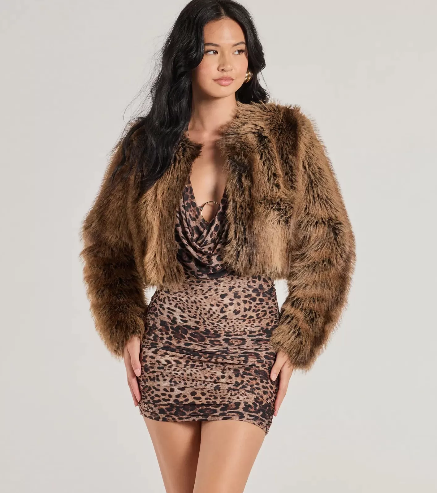 Windsor Untamed Luxe Cropped Faux Fur Jacket BROWN Clearance