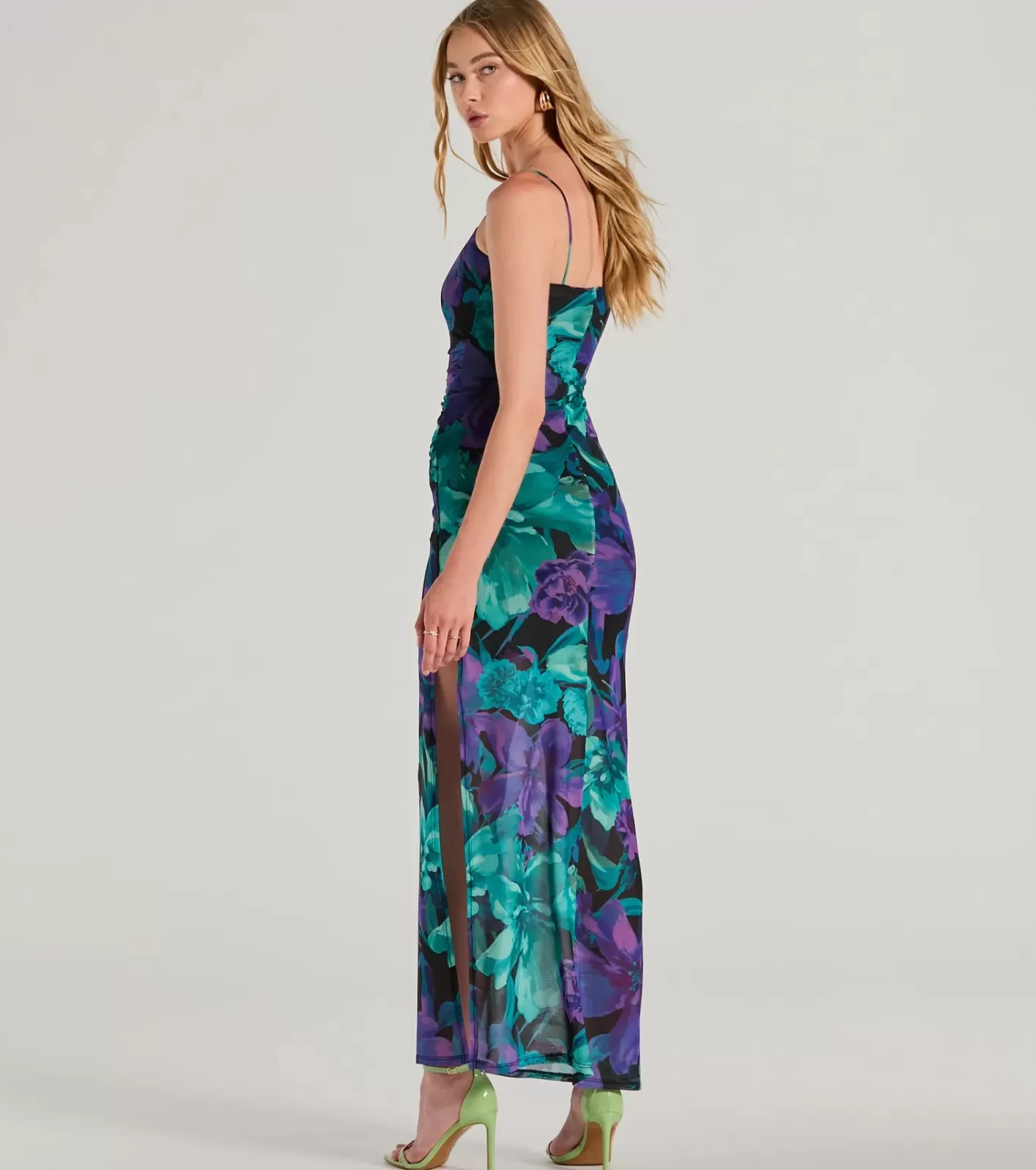 Windsor Vacay Mode Tropical Floral Mesh Maxi Dress BLUE New