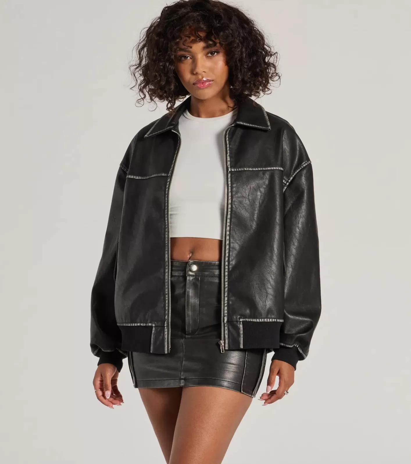 Windsor Vintage Chic Faux Leather Oversized Bomber Jacket CHARCOAL New