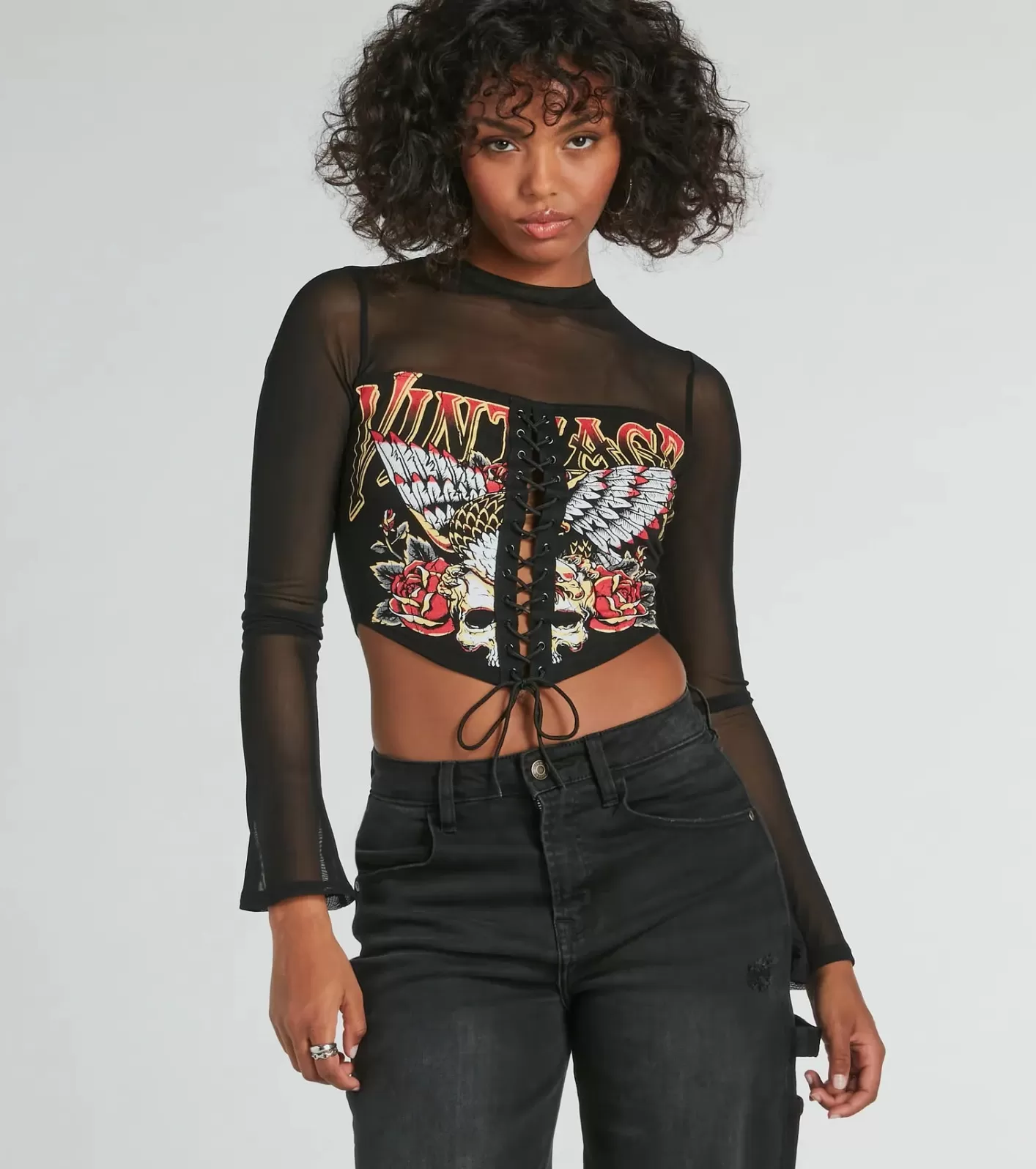 Windsor Vintage Lace-Up Mesh Graphic Crop Top BLACK Cheap