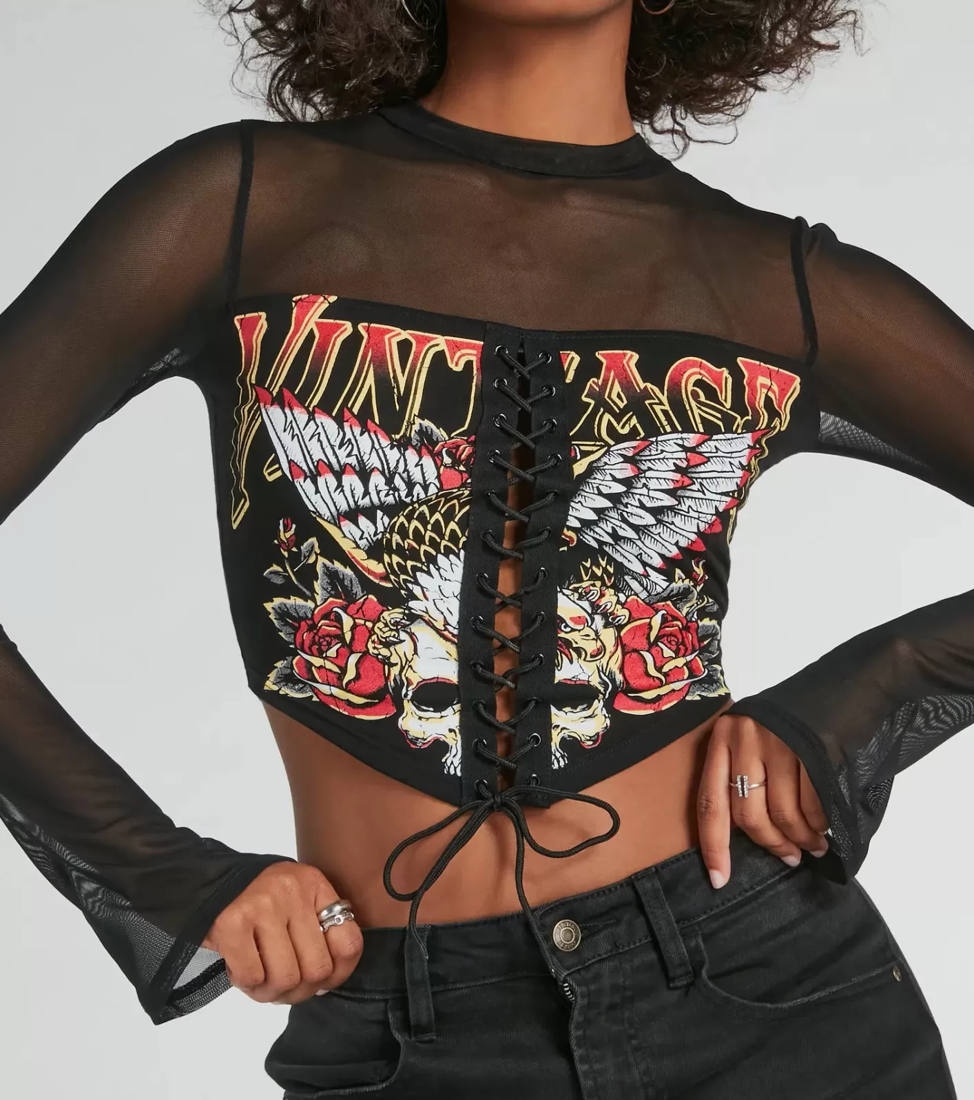Windsor Vintage Lace-Up Mesh Graphic Crop Top BLACK Cheap