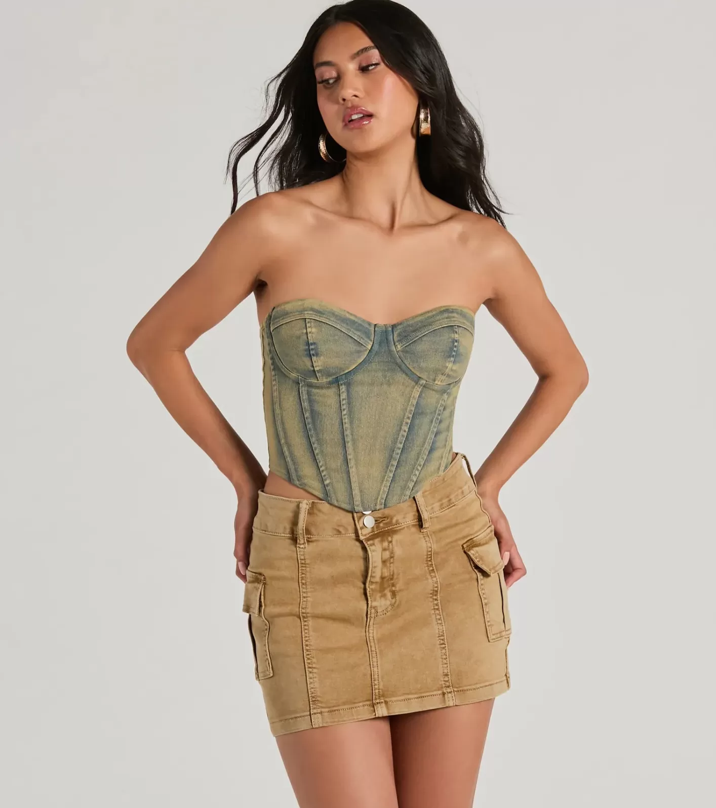Windsor Vintage Vibes Strapless Lace-Up Corset Top DENIM Clearance