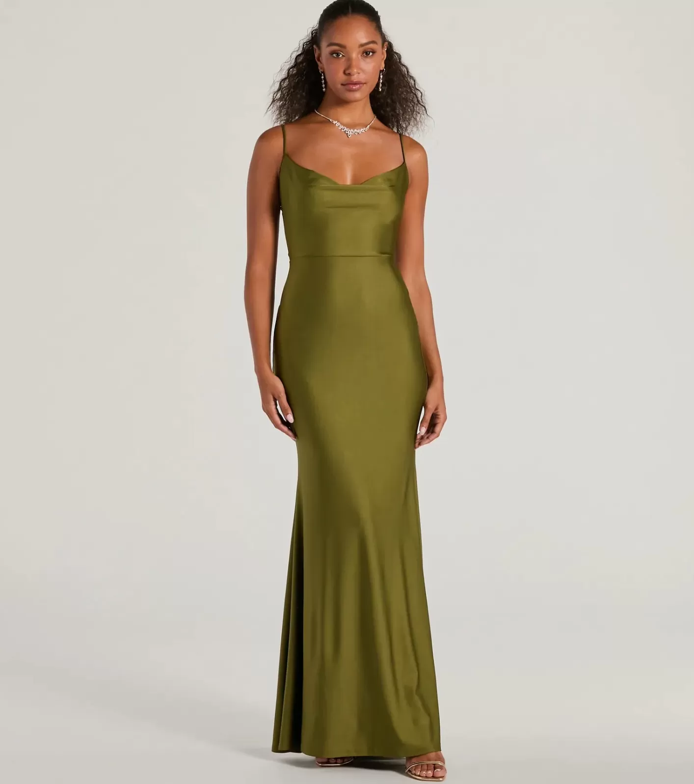 Windsor Virginia Cowl Neck Tie-Back Mermaid Formal Dress OLIVE Clearance