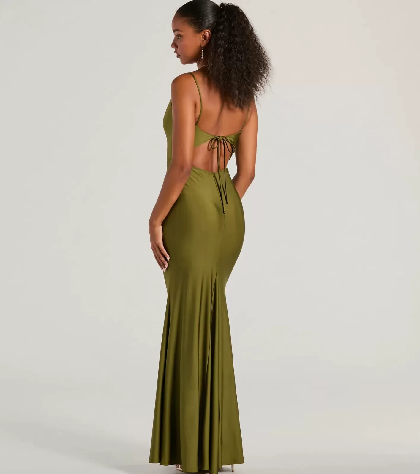 Windsor Virginia Cowl Neck Tie-Back Mermaid Formal Dress OLIVE Clearance