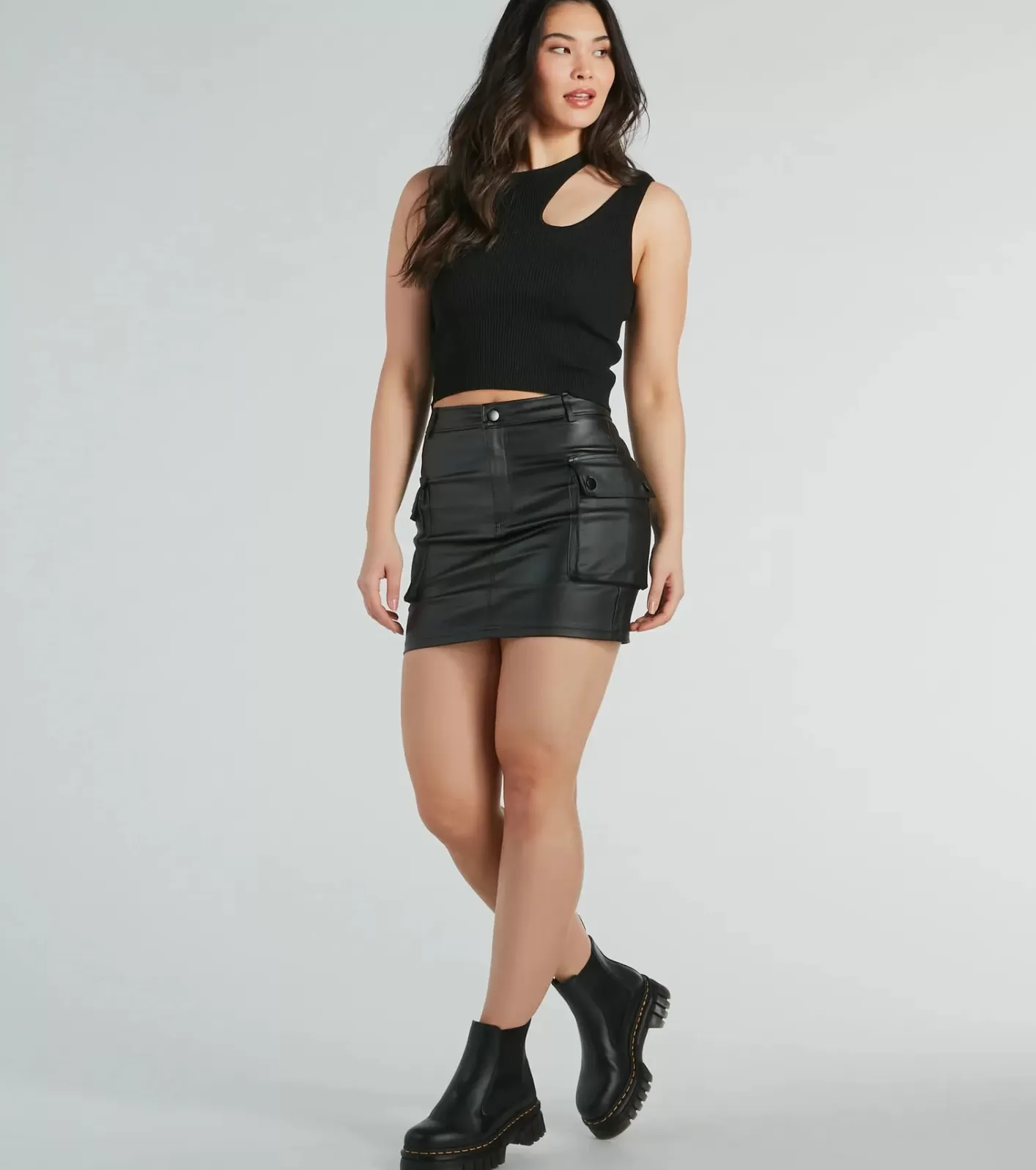 Windsor Walk The Edge Cargo Faux Leather Mini Skirt BLACK Best