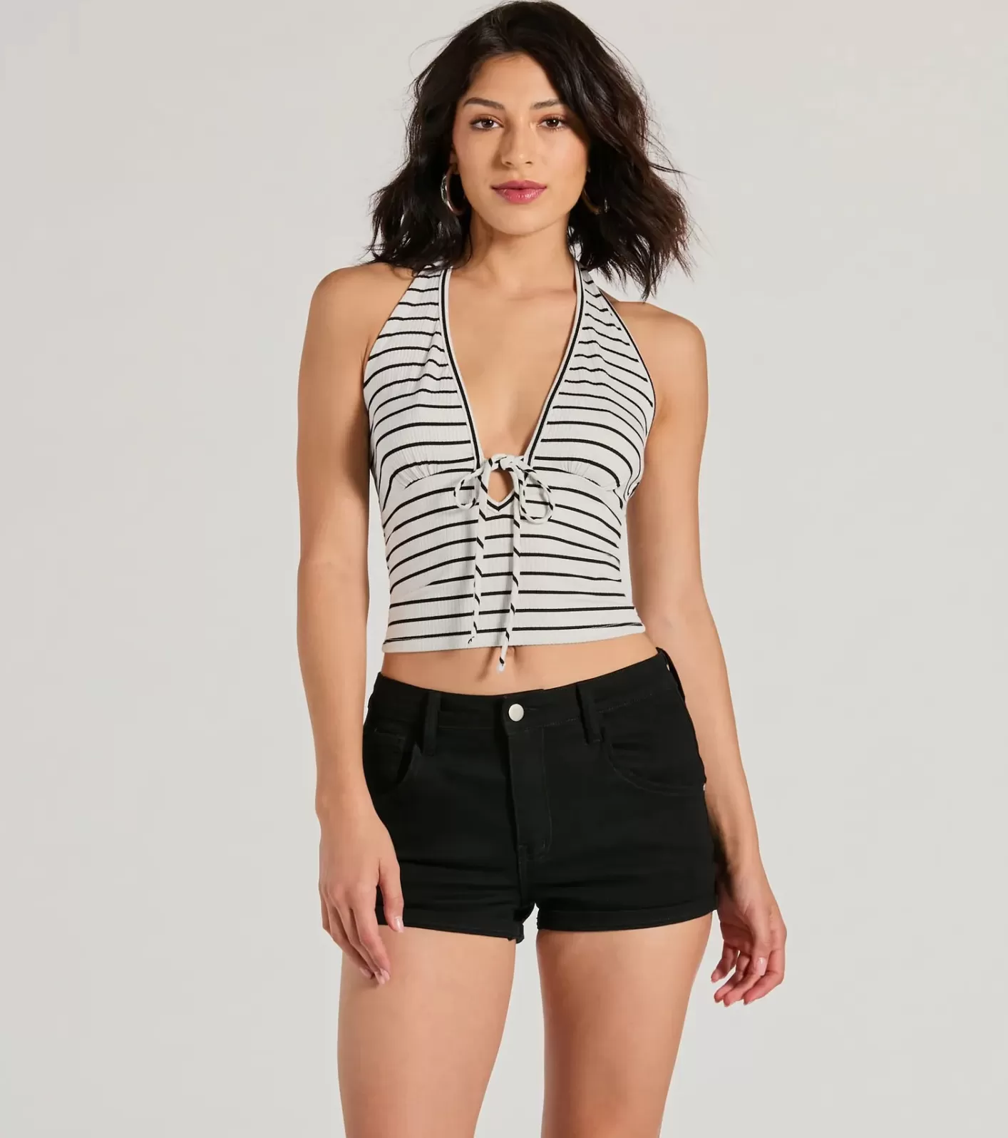Windsor Weekend Style Striped Knit Halter Crop Top BLACK/WHITE Flash Sale